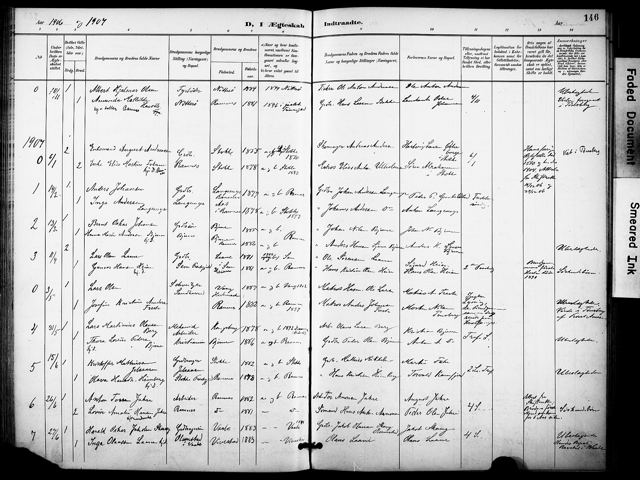 Ramnes kirkebøker, AV/SAKO-A-314/F/Fa/L0008: Parish register (official) no. I 8, 1896-1913, p. 146