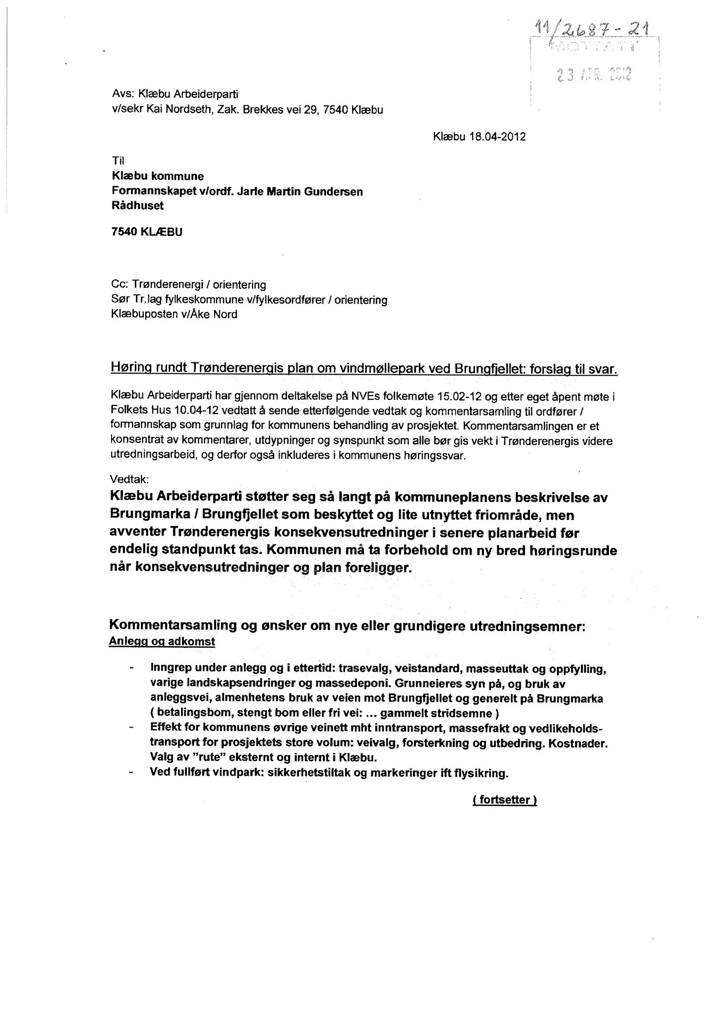 Klæbu Kommune, TRKO/KK/02-FS/L005: Formannsskapet - Møtedokumenter, 2012, p. 1488