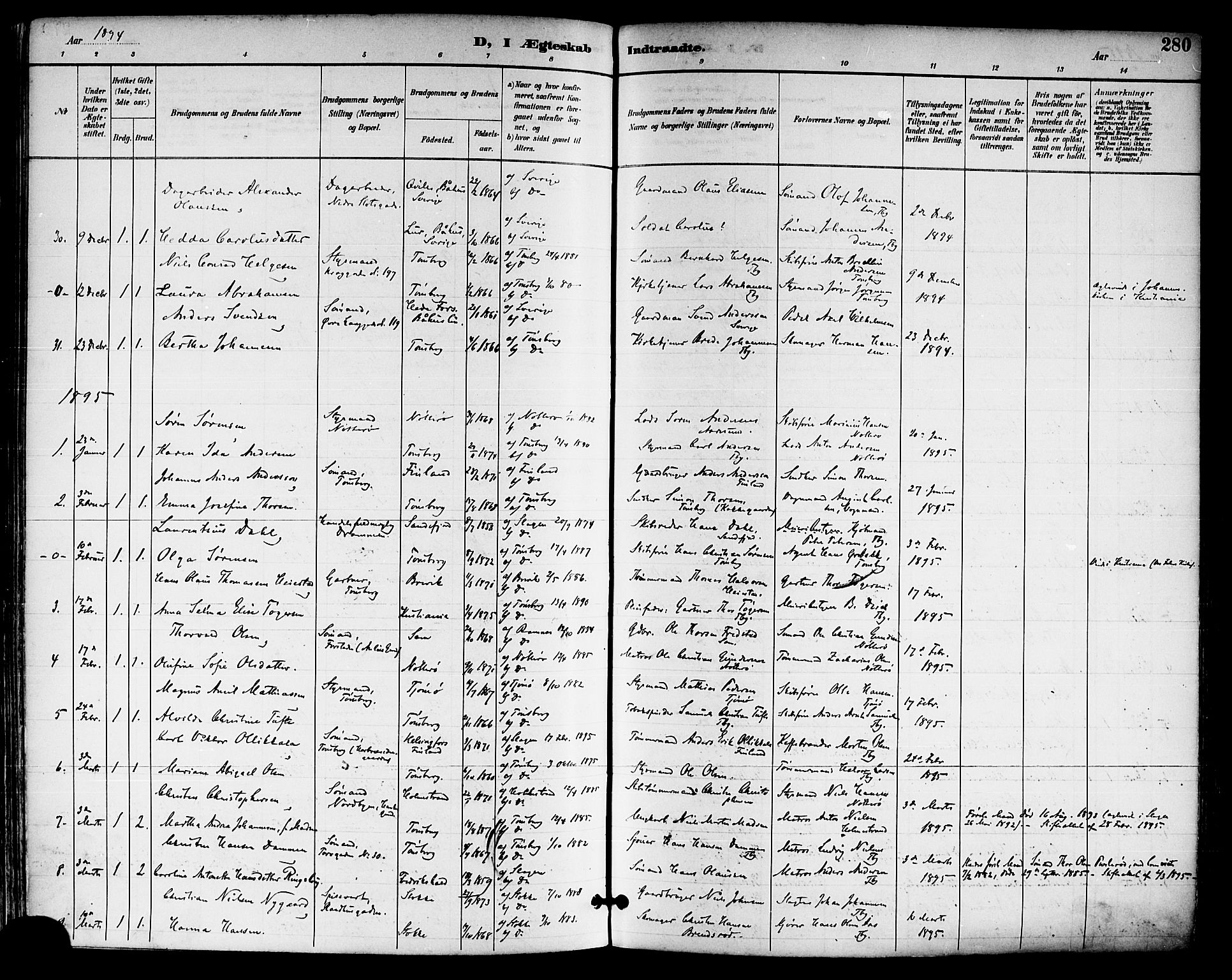 Tønsberg kirkebøker, SAKO/A-330/F/Fa/L0012: Parish register (official) no. I 12, 1891-1899, p. 280