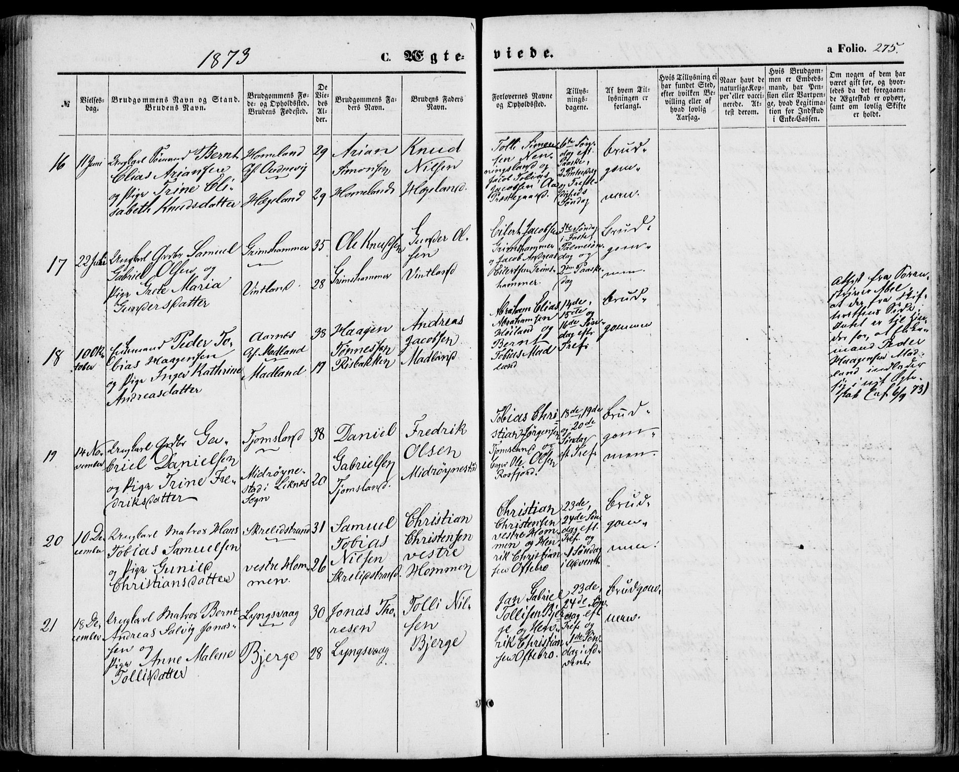 Lyngdal sokneprestkontor, SAK/1111-0029/F/Fa/Fac/L0010: Parish register (official) no. A 10, 1865-1878, p. 275