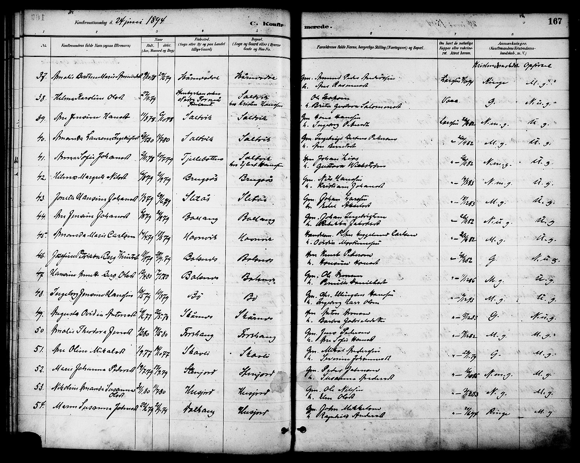 Ministerialprotokoller, klokkerbøker og fødselsregistre - Nordland, AV/SAT-A-1459/863/L0898: Parish register (official) no. 863A10, 1886-1897, p. 167