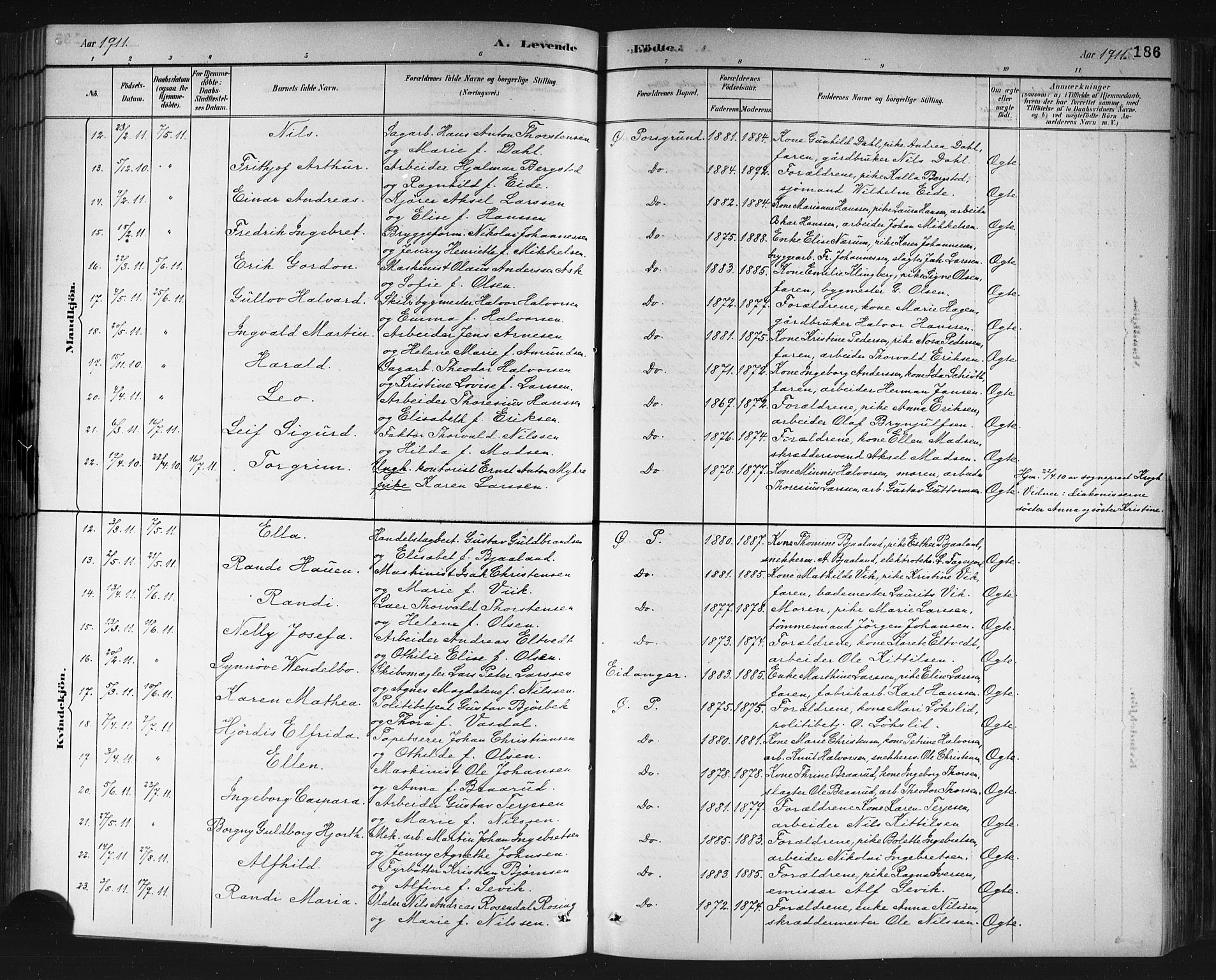 Porsgrunn kirkebøker , AV/SAKO-A-104/G/Gb/L0005: Parish register (copy) no. II 5, 1883-1915, p. 186