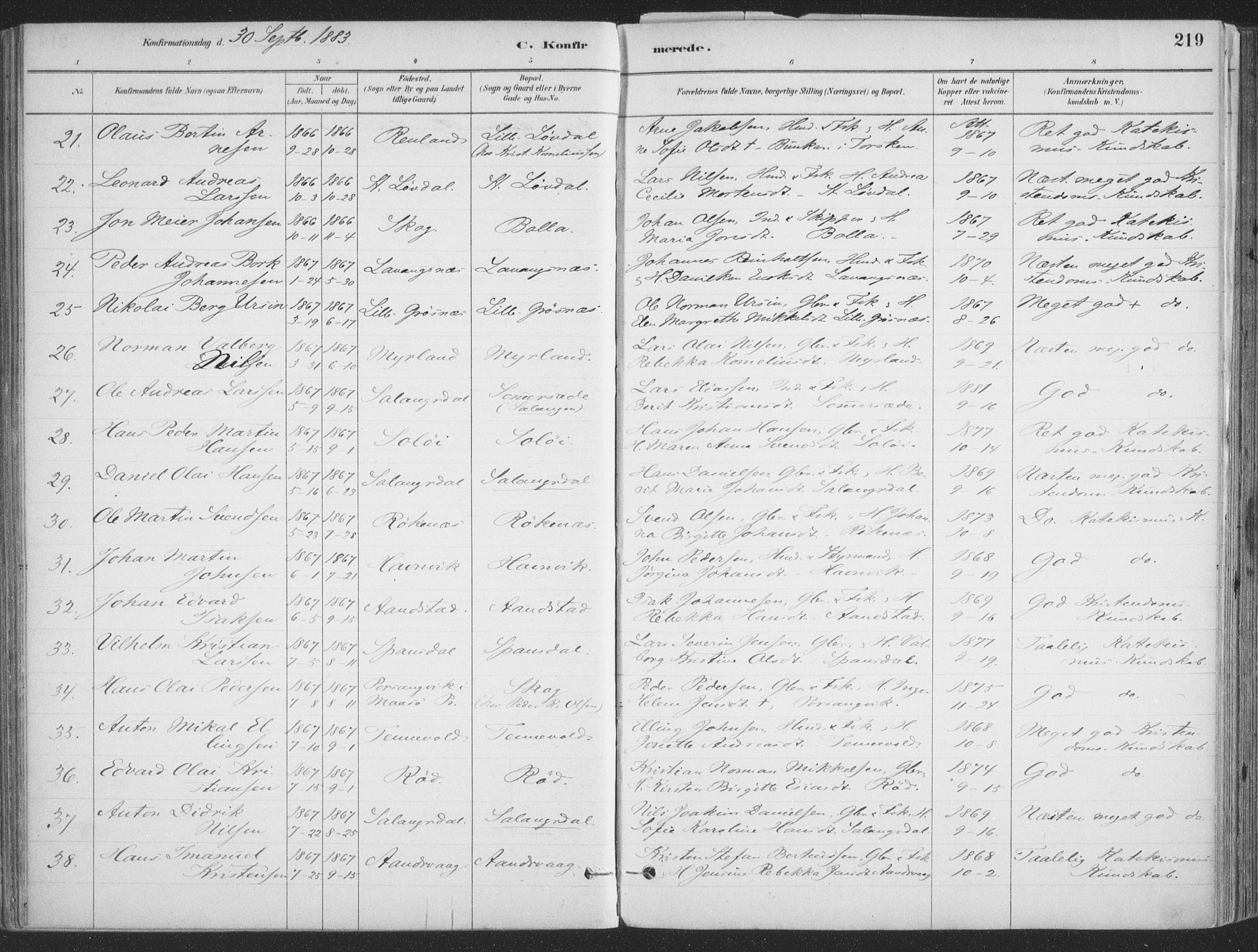 Ibestad sokneprestembete, SATØ/S-0077/H/Ha/Haa/L0011kirke: Parish register (official) no. 11, 1880-1889, p. 219