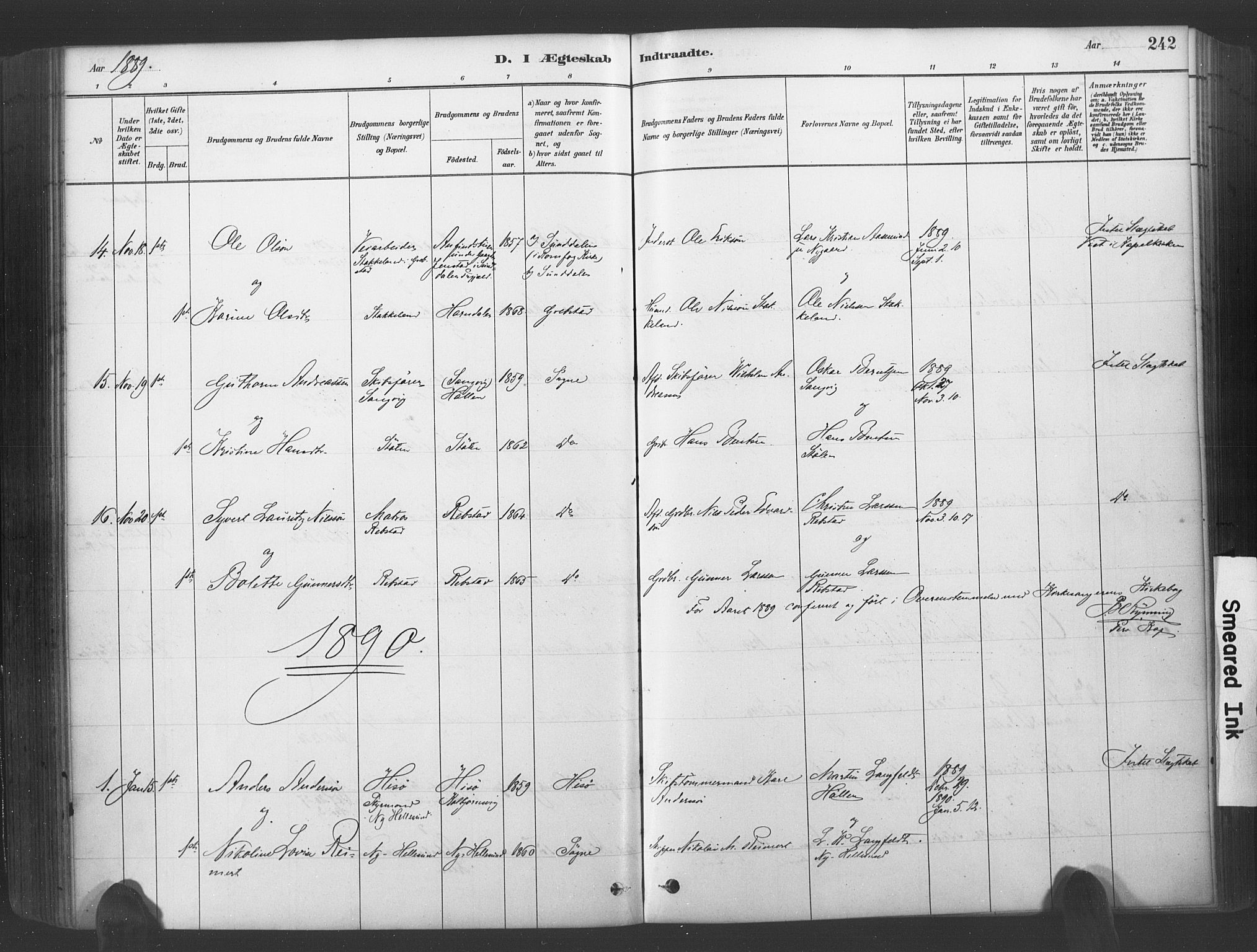 Søgne sokneprestkontor, SAK/1111-0037/F/Fa/Fab/L0012: Parish register (official) no. A 12, 1880-1891, p. 242