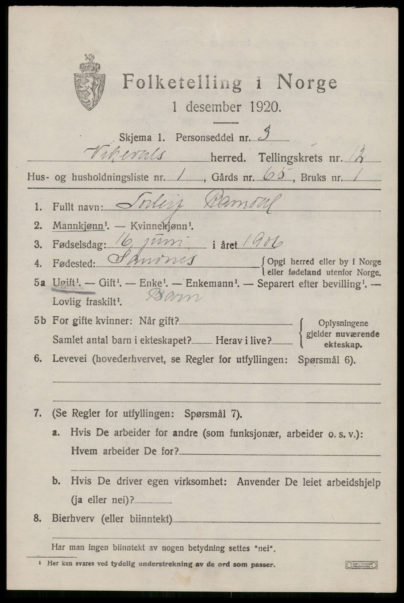 SAST, 1920 census for Vikedal, 1920, p. 3763