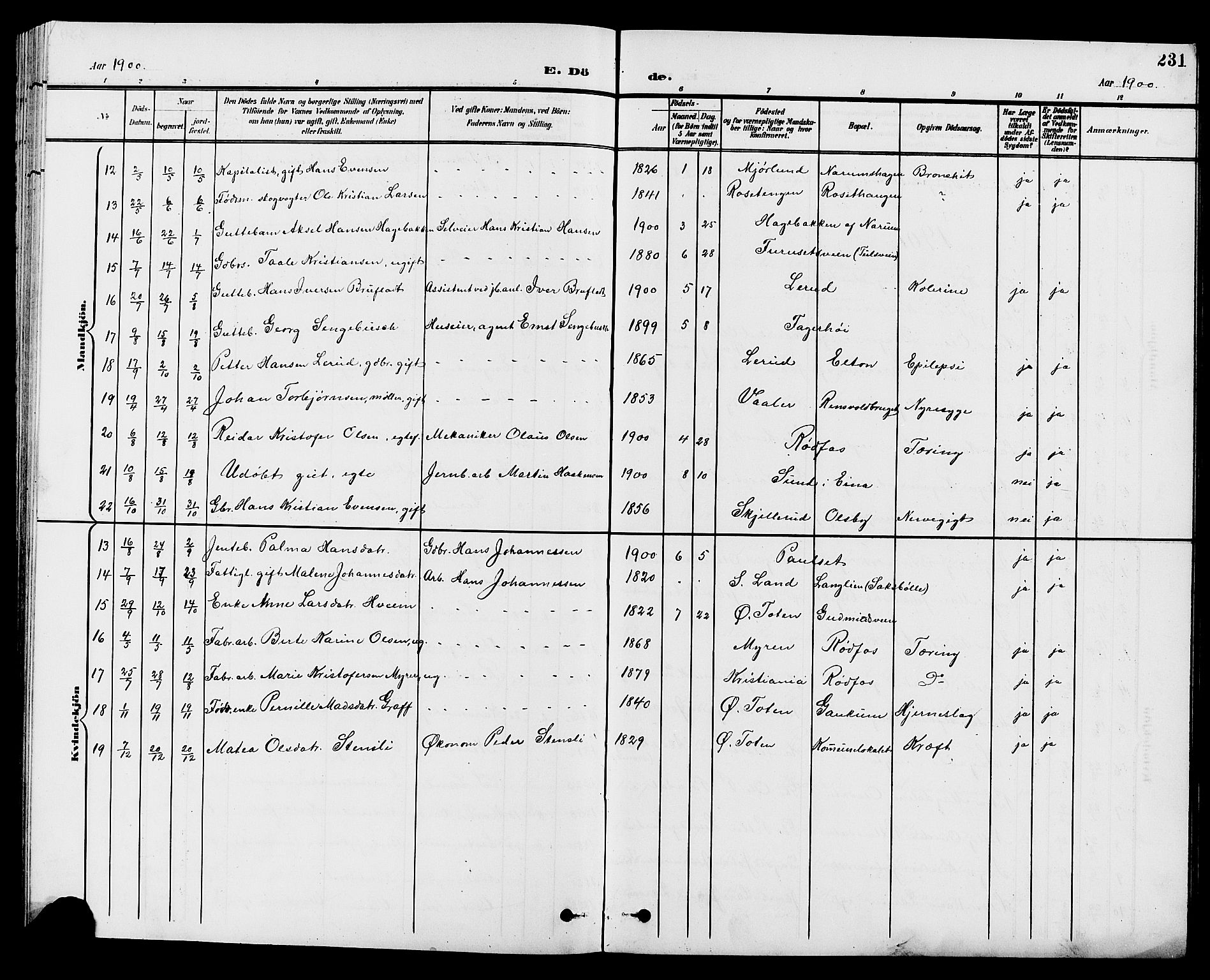 Vestre Toten prestekontor, SAH/PREST-108/H/Ha/Hab/L0010: Parish register (copy) no. 10, 1900-1912, p. 231