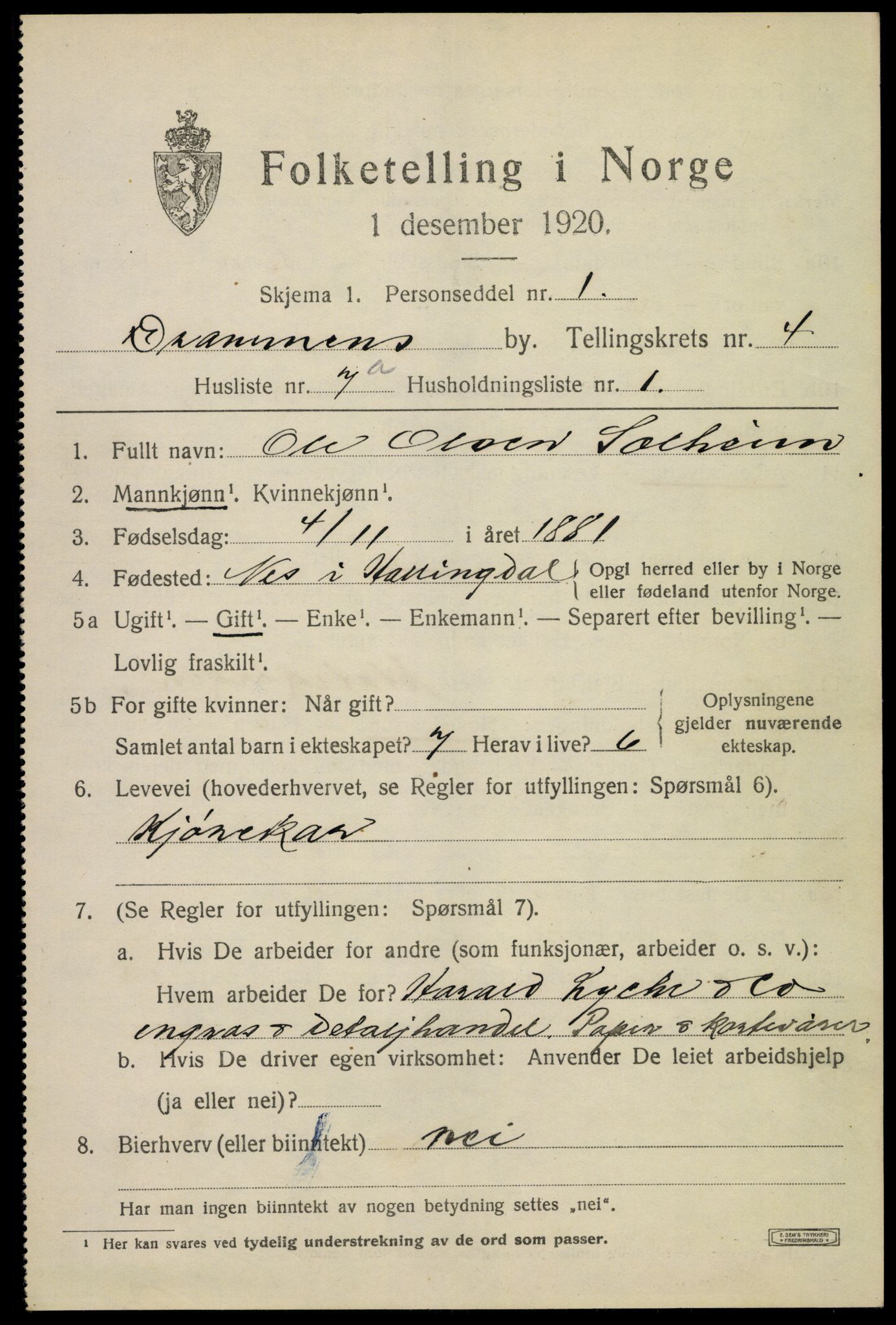 SAKO, 1920 census for Drammen, 1920, p. 32951