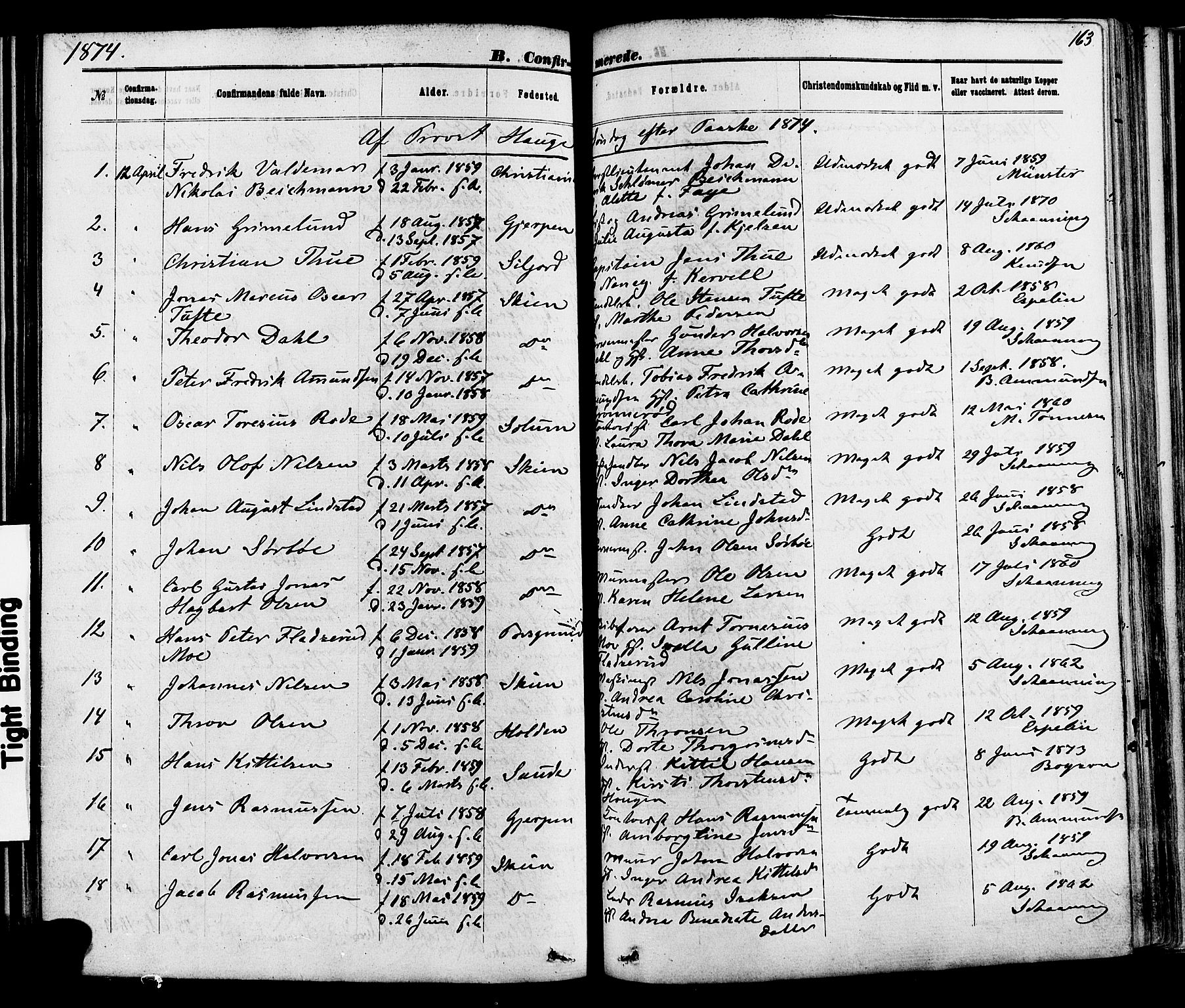 Skien kirkebøker, SAKO/A-302/F/Fa/L0008: Parish register (official) no. 8, 1866-1877, p. 163