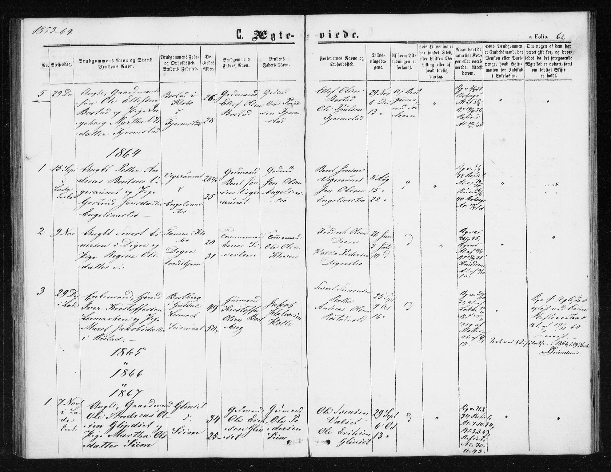 Ministerialprotokoller, klokkerbøker og fødselsregistre - Sør-Trøndelag, SAT/A-1456/608/L0333: Parish register (official) no. 608A02, 1862-1876, p. 62