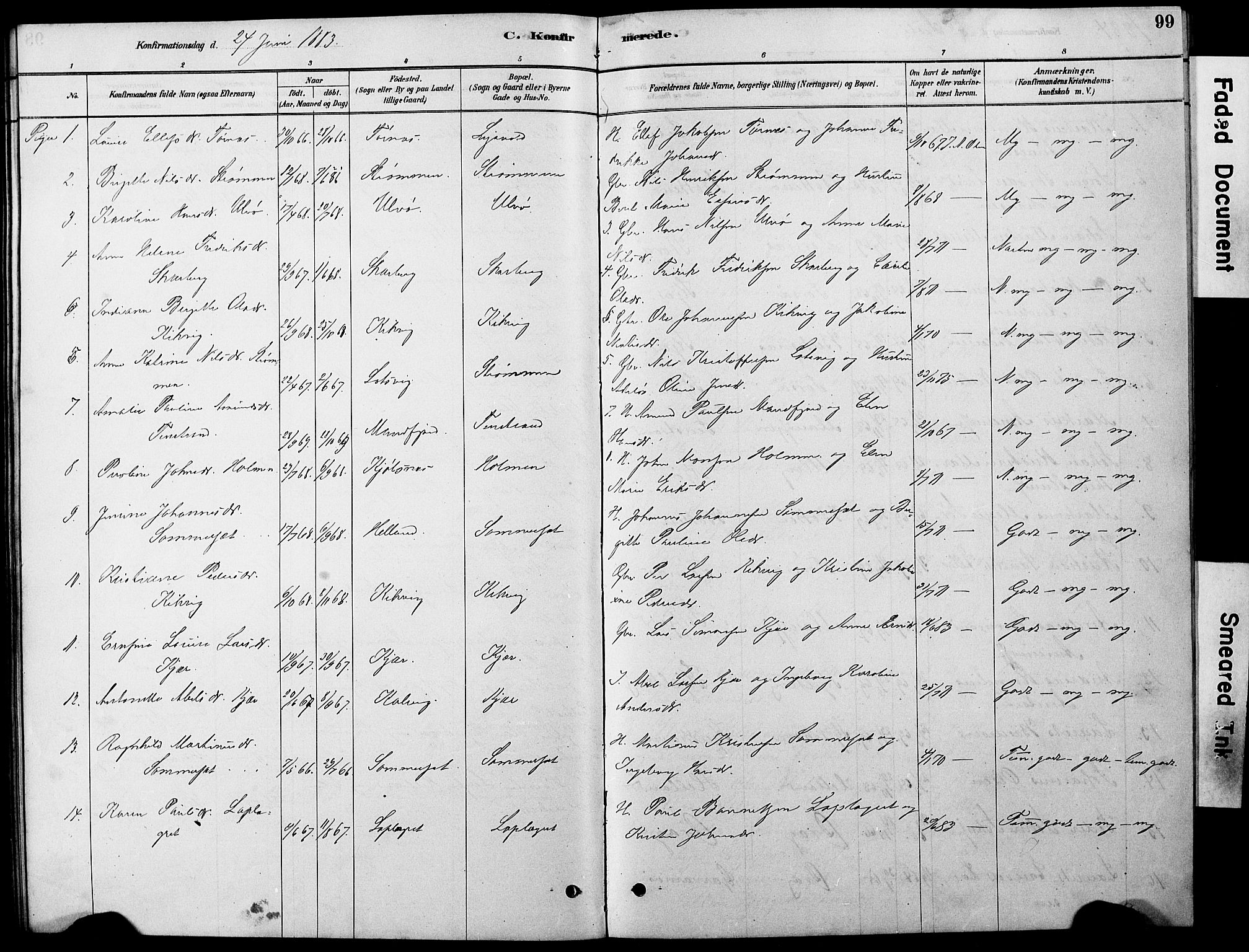 Ministerialprotokoller, klokkerbøker og fødselsregistre - Nordland, AV/SAT-A-1459/861/L0875: Parish register (copy) no. 861C01, 1879-1887, p. 99