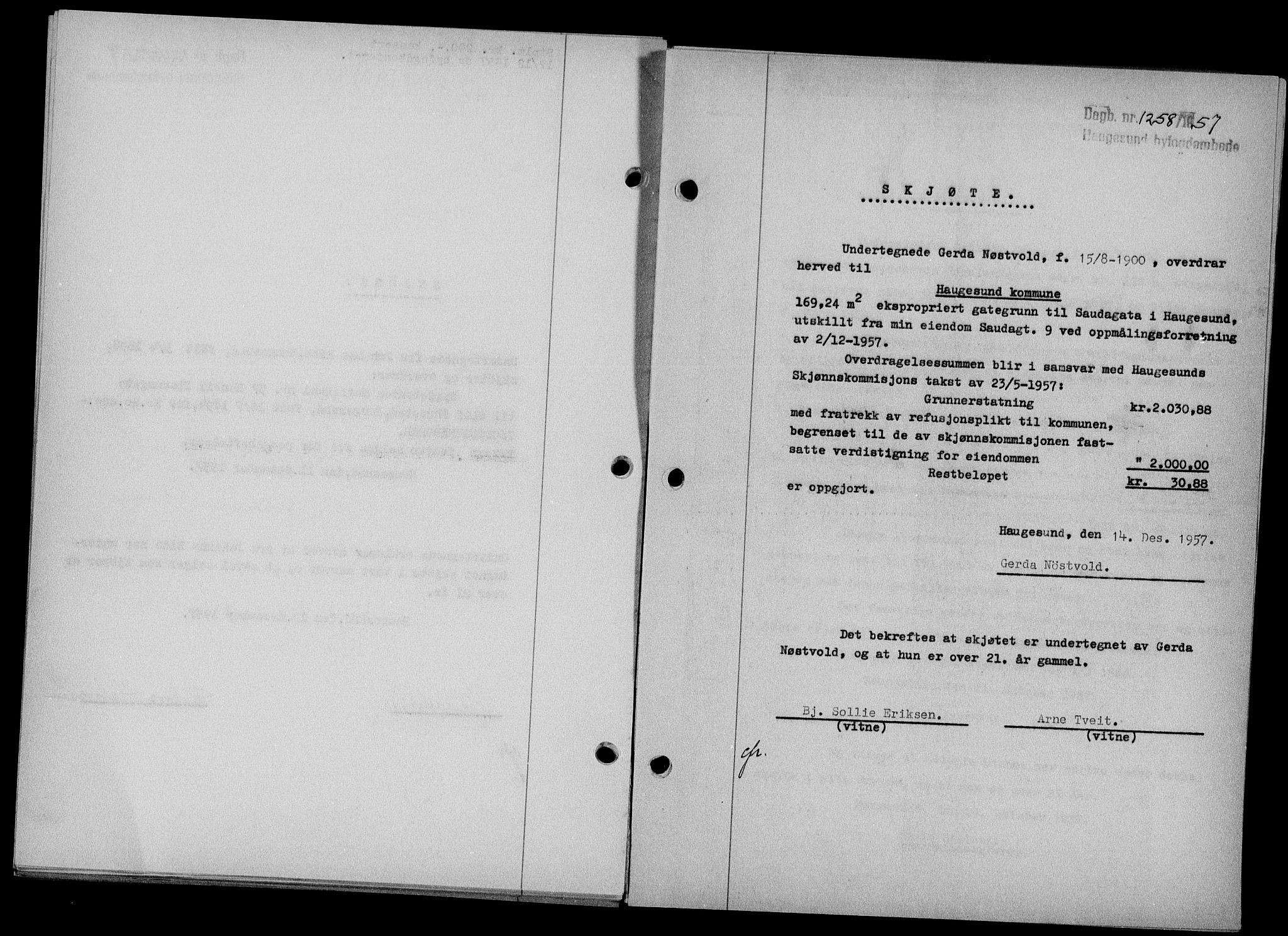 Haugesund tingrett, SAST/A-101415/01/II/IIC/L0068: Mortgage book no. A 9, 1956-1958, Diary no: : 1258/1957
