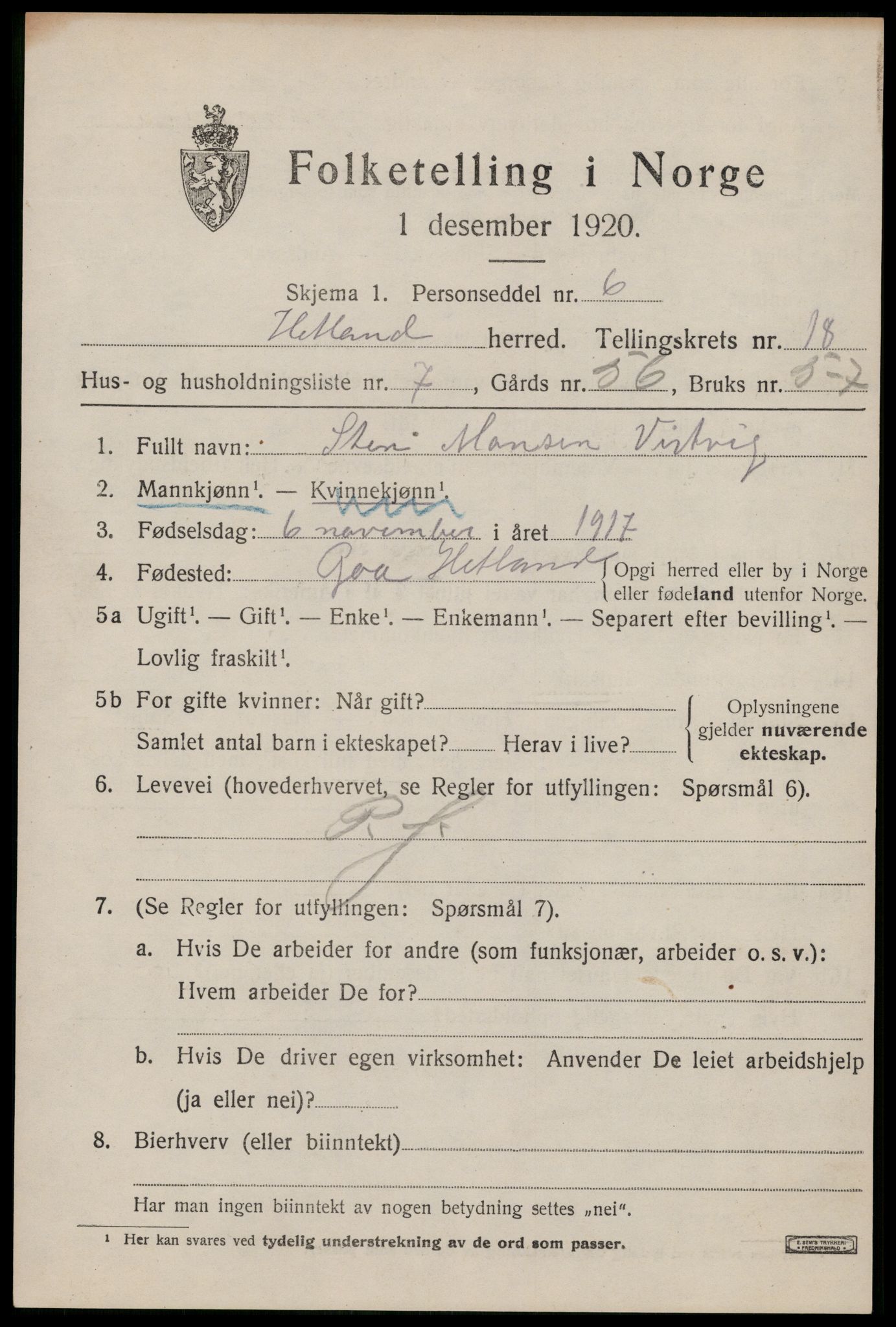 SAST, 1920 census for Hetland, 1920, p. 25151