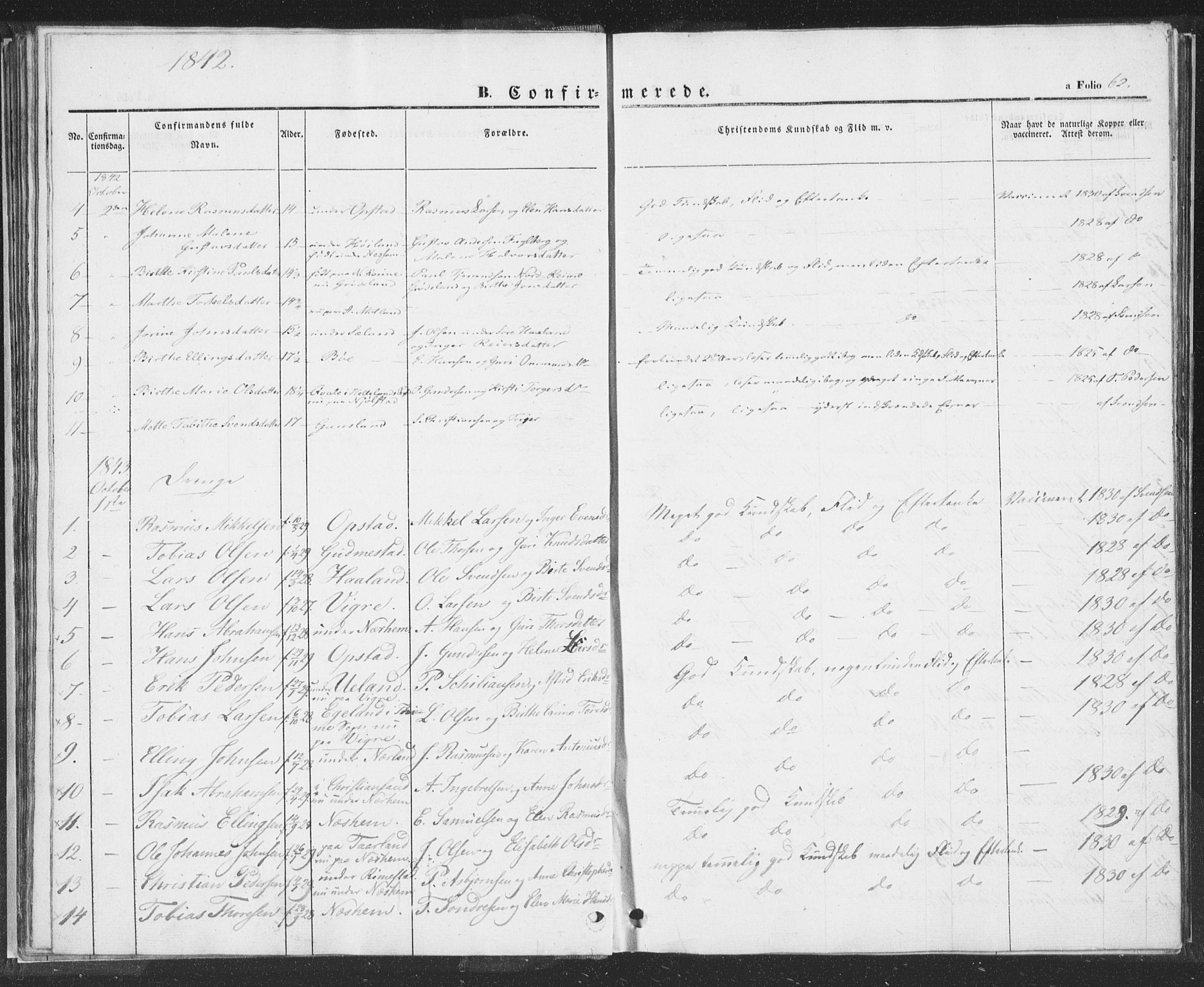 Hå sokneprestkontor, SAST/A-101801/001/30BA/L0006: Parish register (official) no. A 5, 1842-1853, p. 62