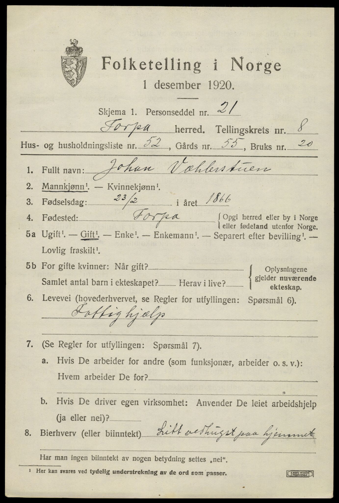 SAH, 1920 census for Torpa, 1920, p. 5223