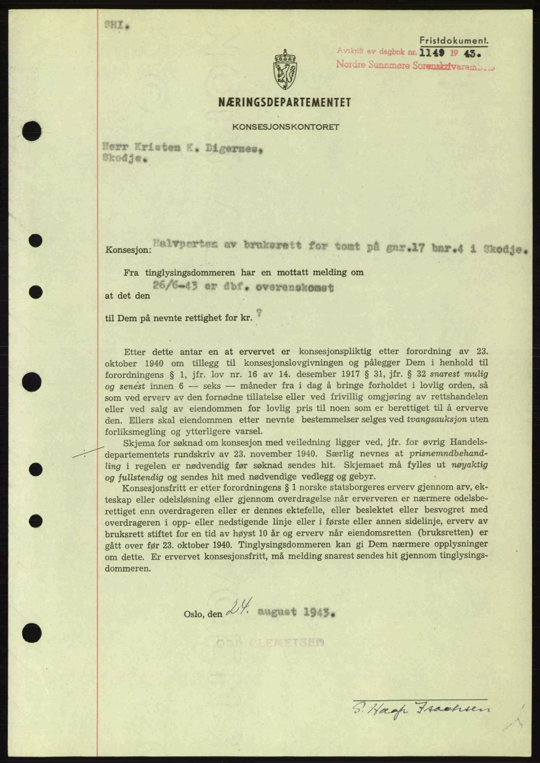 Nordre Sunnmøre sorenskriveri, SAT/A-0006/1/2/2C/2Ca: Mortgage book no. B6-14 a, 1942-1945, Diary no: : 1149/1943