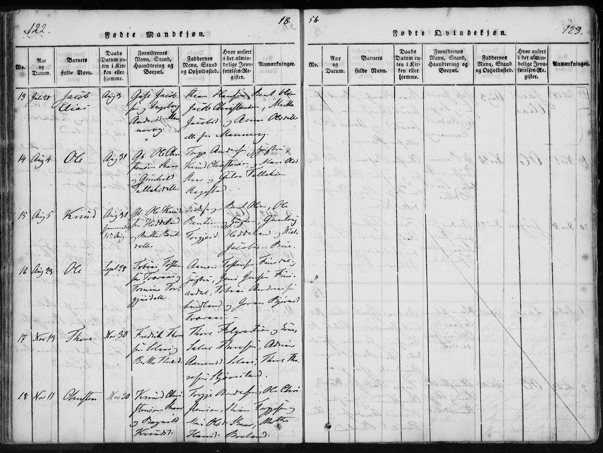 Holum sokneprestkontor, AV/SAK-1111-0022/F/Fa/Fac/L0002: Parish register (official) no. A 2, 1821-1859, p. 122-123