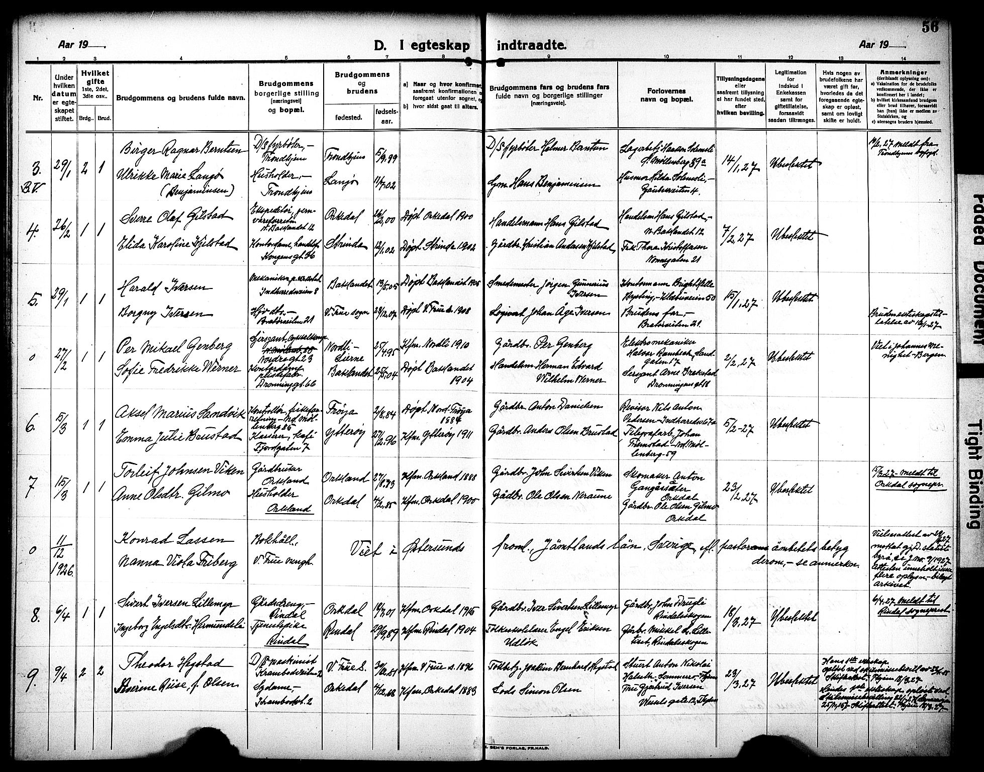Ministerialprotokoller, klokkerbøker og fødselsregistre - Sør-Trøndelag, SAT/A-1456/602/L0149: Parish register (copy) no. 602C17, 1919-1932, p. 56