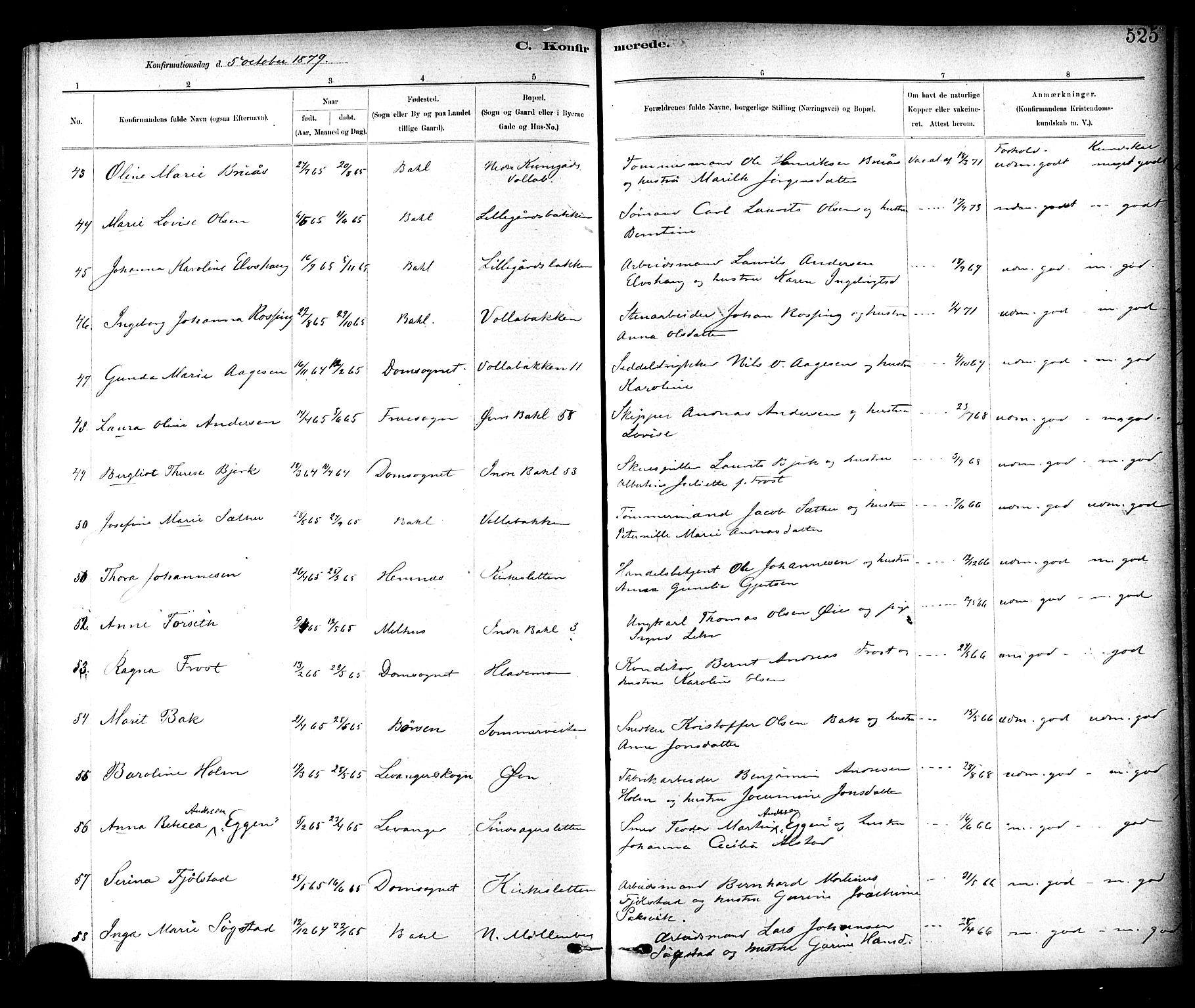 Ministerialprotokoller, klokkerbøker og fødselsregistre - Sør-Trøndelag, AV/SAT-A-1456/604/L0188: Parish register (official) no. 604A09, 1878-1892, p. 525