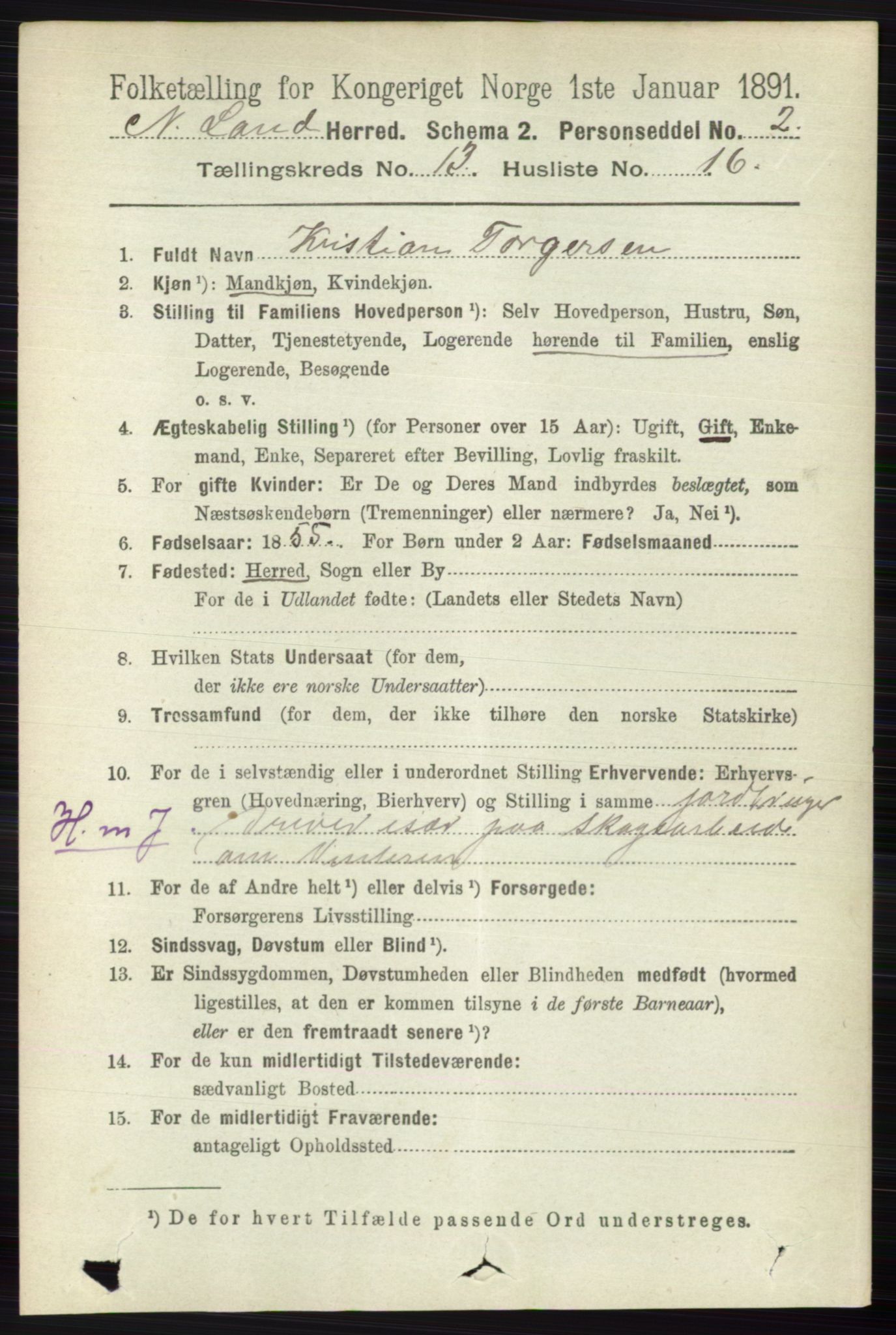 RA, 1891 census for 0538 Nordre Land, 1891, p. 3599