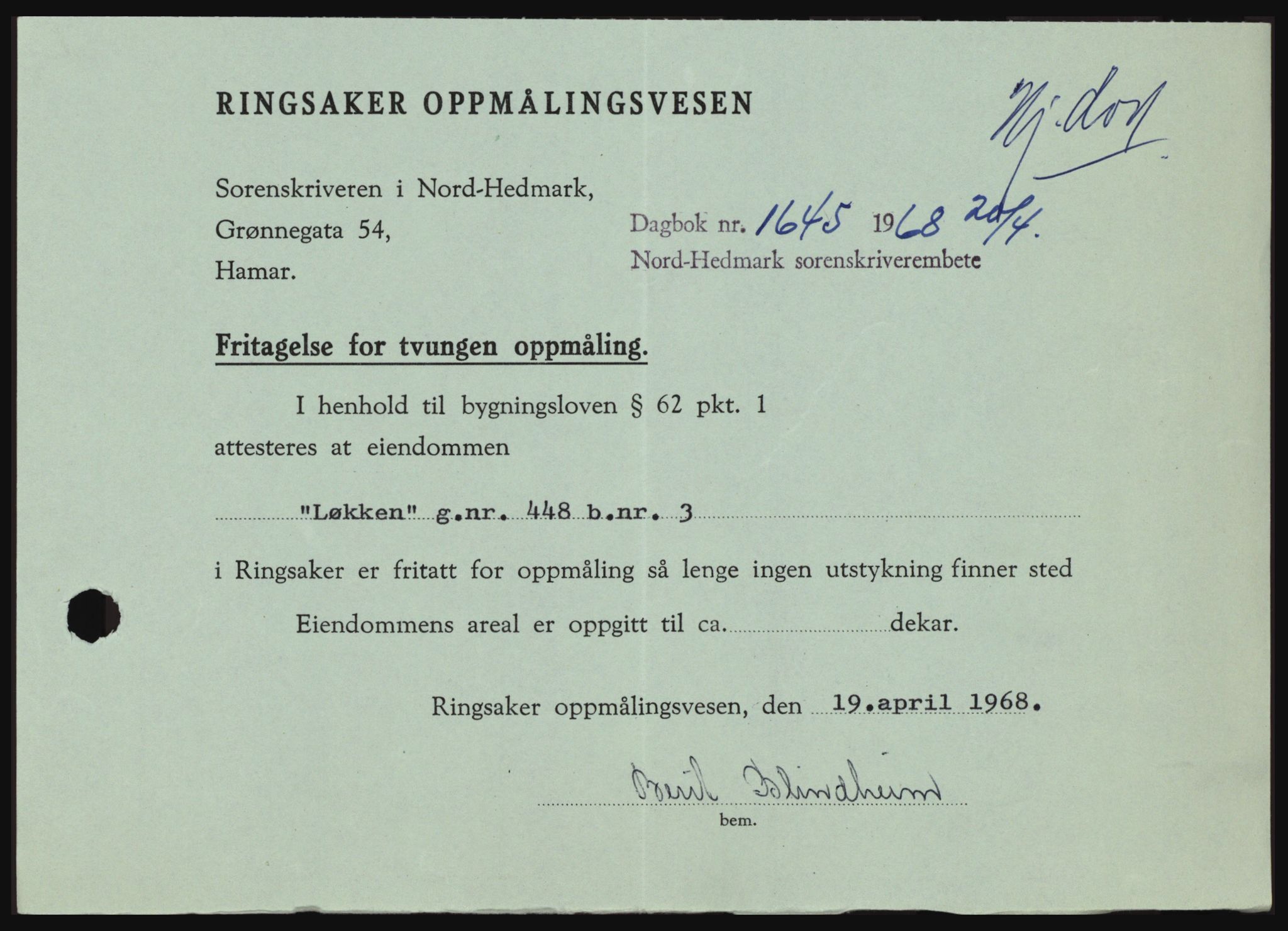 Nord-Hedmark sorenskriveri, SAH/TING-012/H/Hc/L0027: Mortgage book no. 27, 1967-1968, Diary no: : 1645/1968