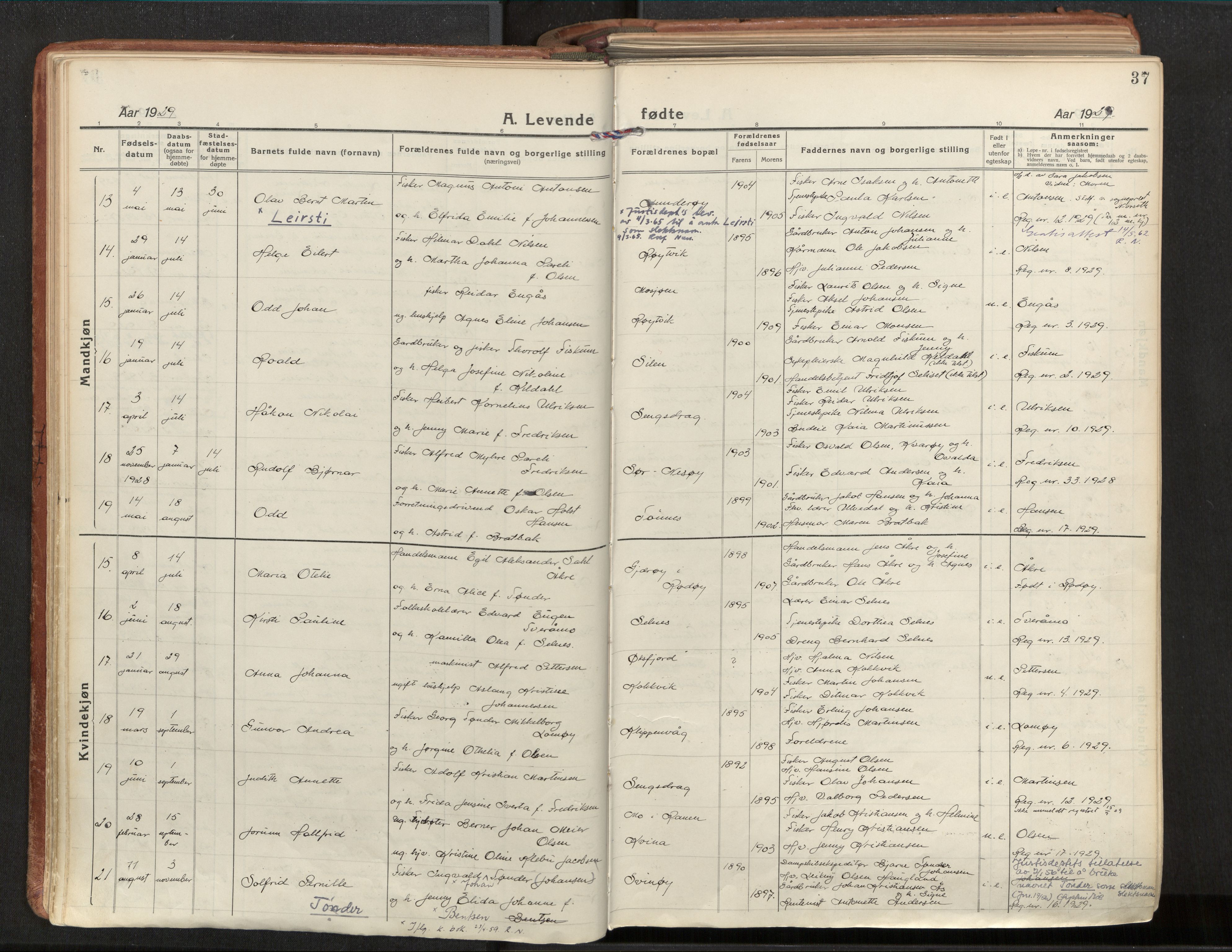 Ministerialprotokoller, klokkerbøker og fødselsregistre - Nordland, SAT/A-1459/839/L0570: Parish register (official) no. 839A07, 1923-1942, p. 37