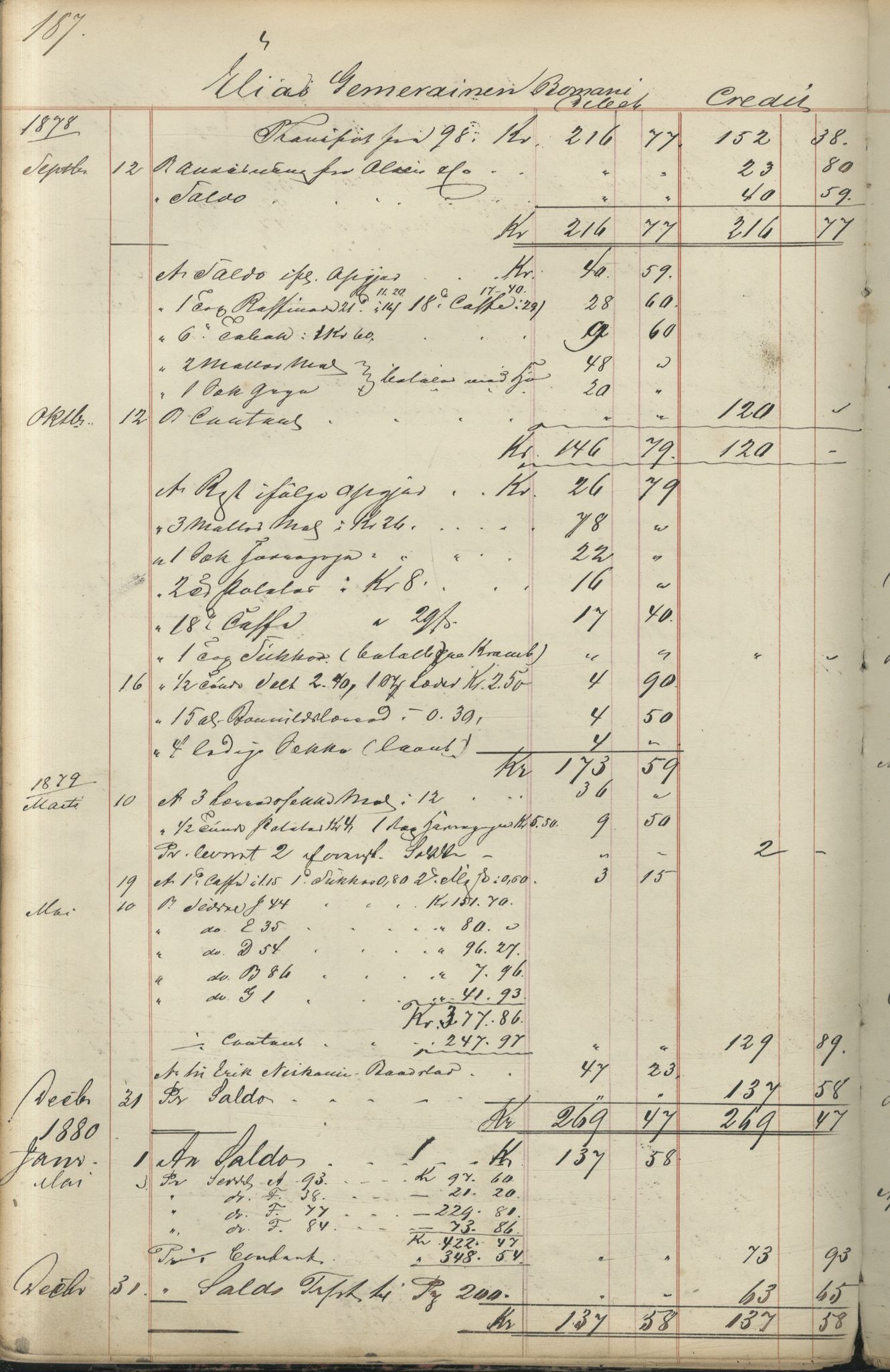 Brodtkorb handel A/S, VAMU/A-0001/F/Fc/L0001/0001: Konto for kvener og nordmenn på Kolahalvøya  / Conto for Kvæner og Nordmænd paa Russefinmarken No 1, 1868-1894, p. 187