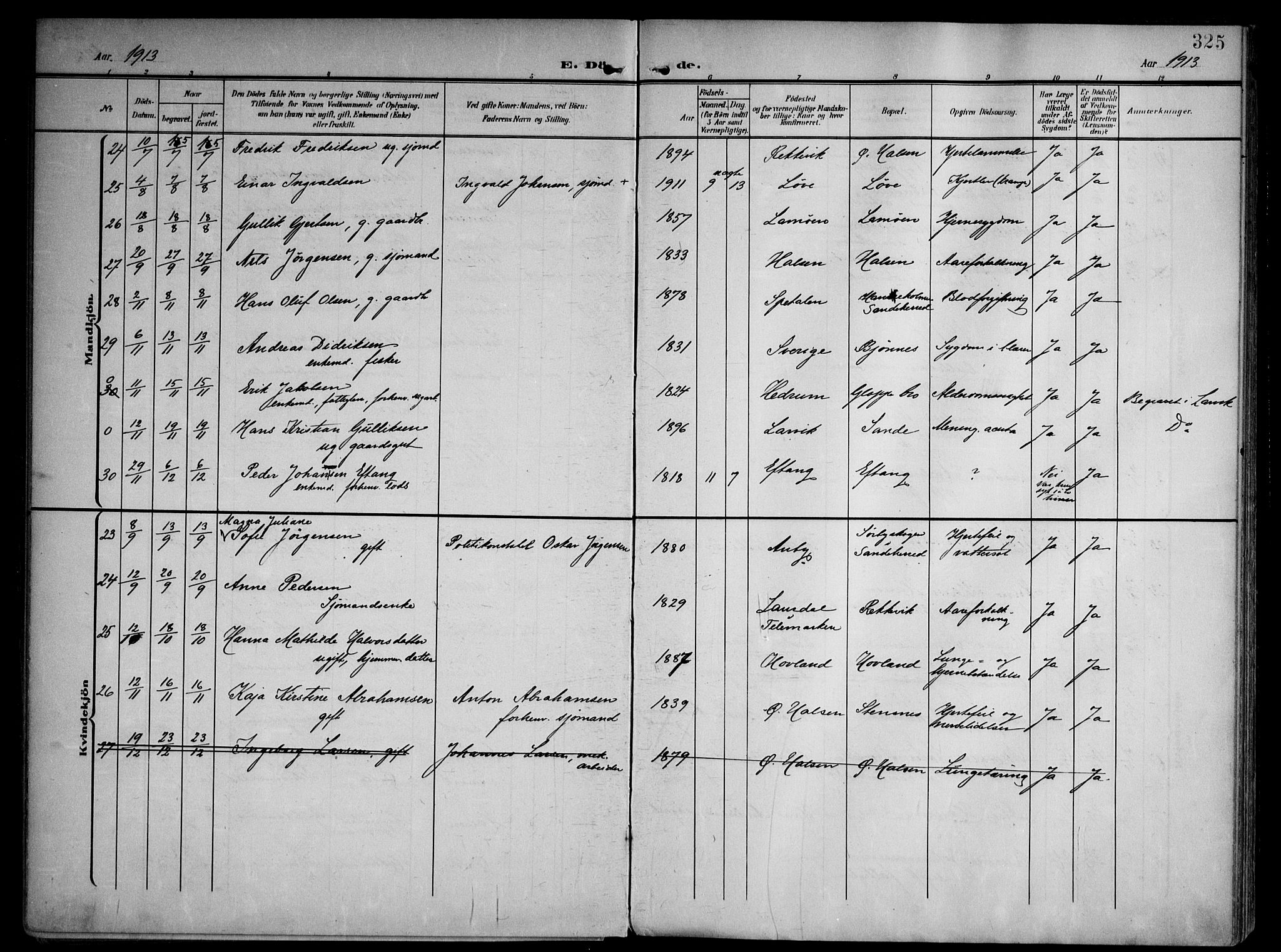 Tjølling kirkebøker, AV/SAKO-A-60/F/Fa/L0010: Parish register (official) no. 10, 1906-1923, p. 325