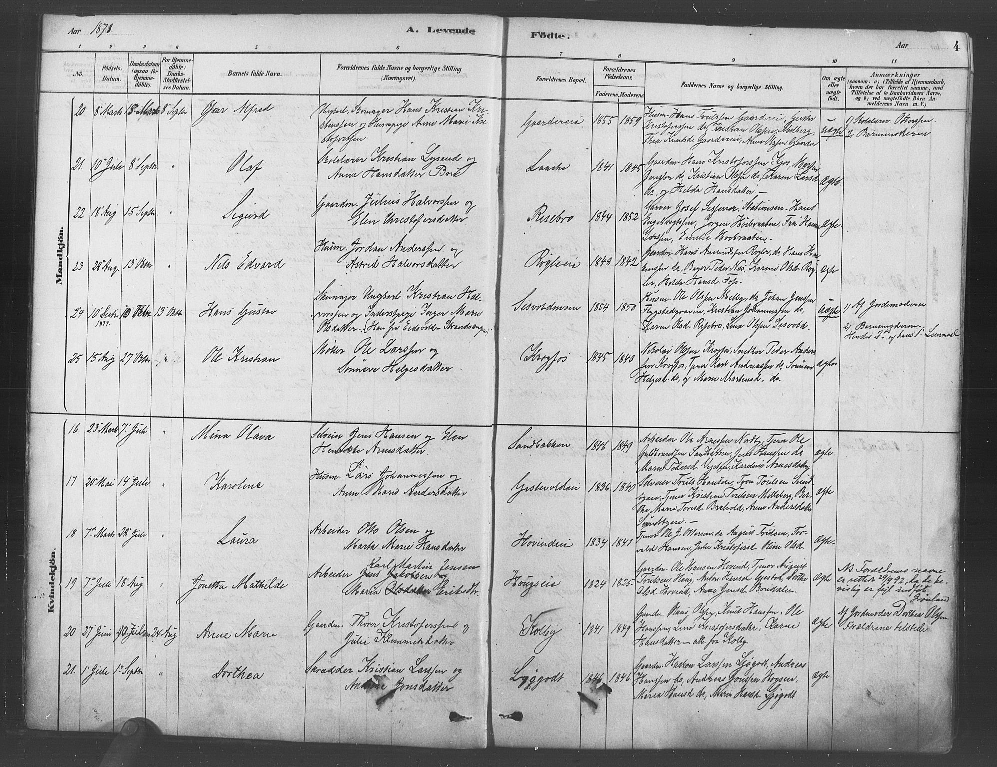 Ullensaker prestekontor Kirkebøker, AV/SAO-A-10236a/F/Fb/L0001: Parish register (official) no. II 1, 1878-1893, p. 4