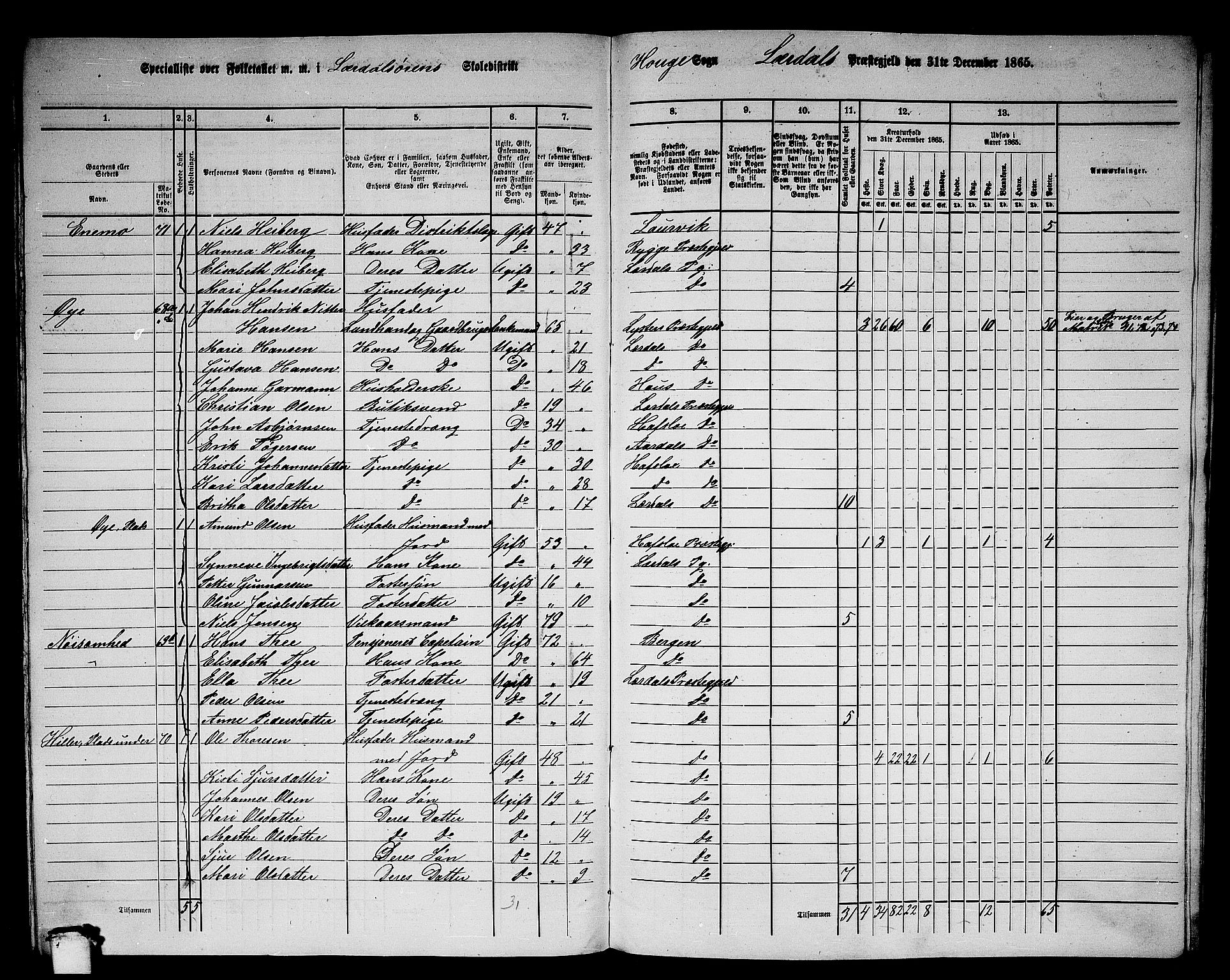 RA, 1865 census for Lærdal, 1865, p. 163