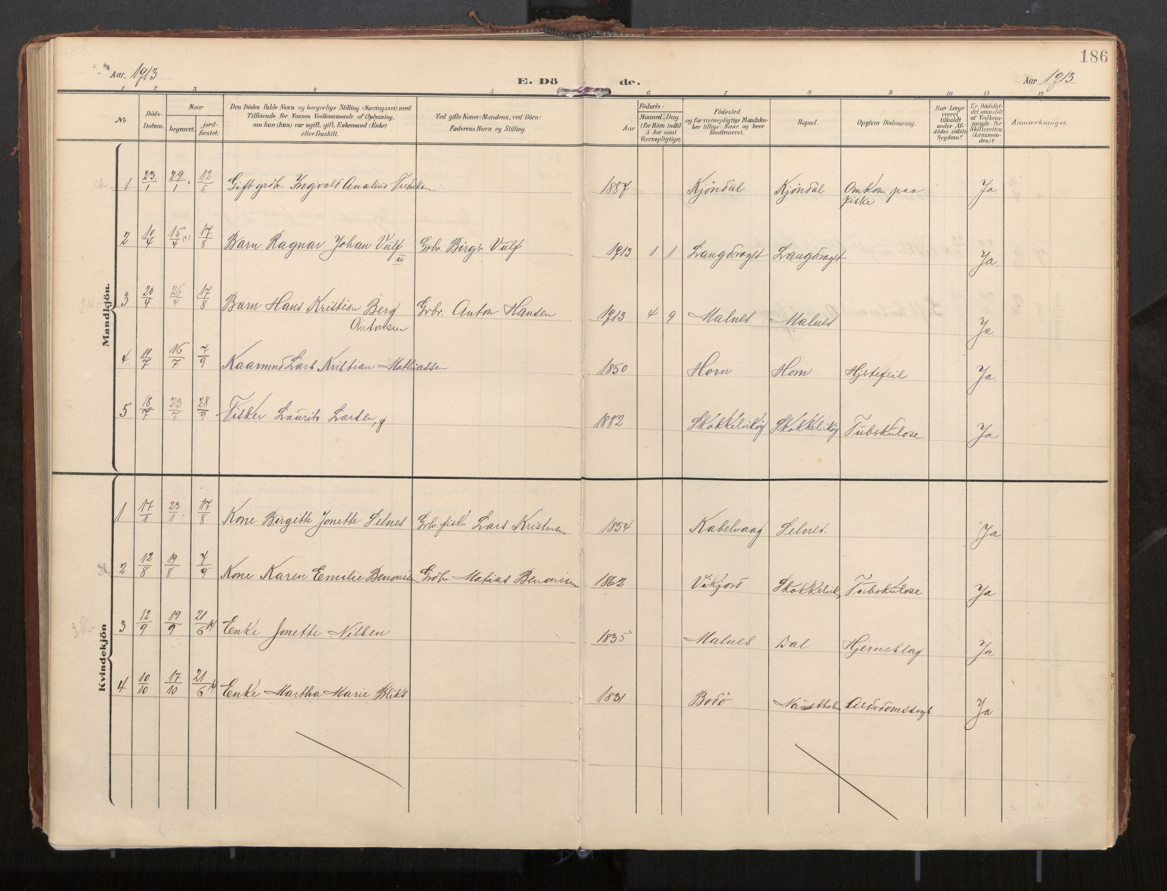 Ministerialprotokoller, klokkerbøker og fødselsregistre - Nordland, AV/SAT-A-1459/884/L1194: Parish register (official) no. 884A02, 1906-1937, p. 186