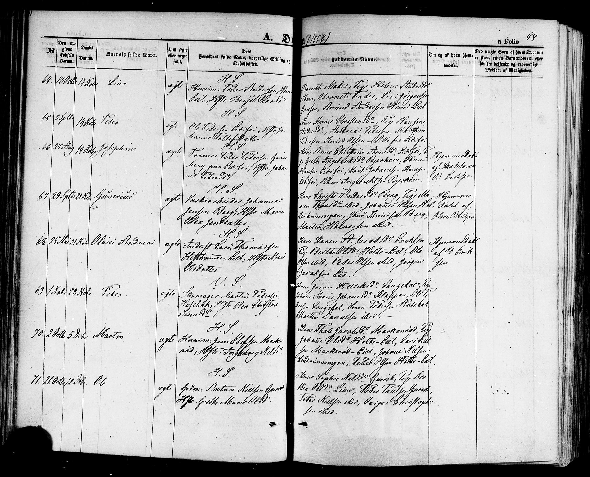 Hof kirkebøker, AV/SAKO-A-64/F/Fa/L0006: Parish register (official) no. I 6, 1851-1877, p. 98