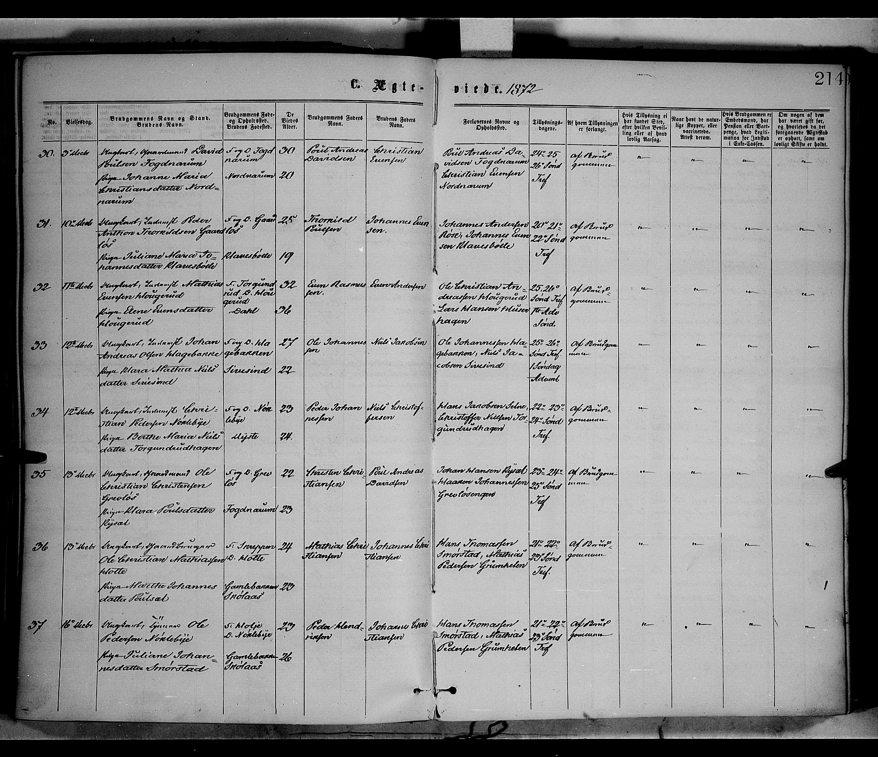 Vestre Toten prestekontor, AV/SAH-PREST-108/H/Ha/Haa/L0008: Parish register (official) no. 8, 1870-1877, p. 214