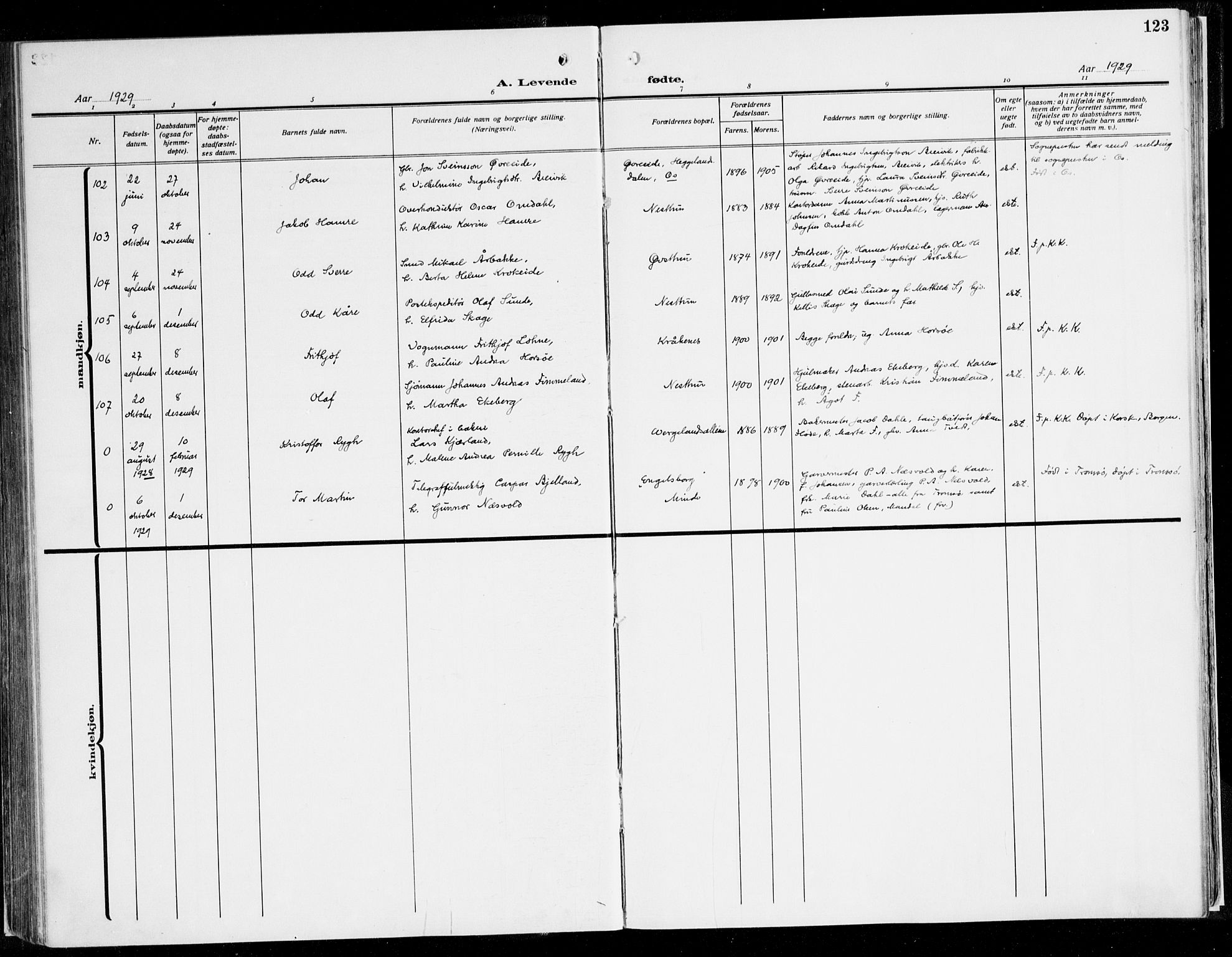 Fana Sokneprestembete, AV/SAB-A-75101/H/Haa/Haaj/L0001: Parish register (official) no. J 1, 1921-1935, p. 123