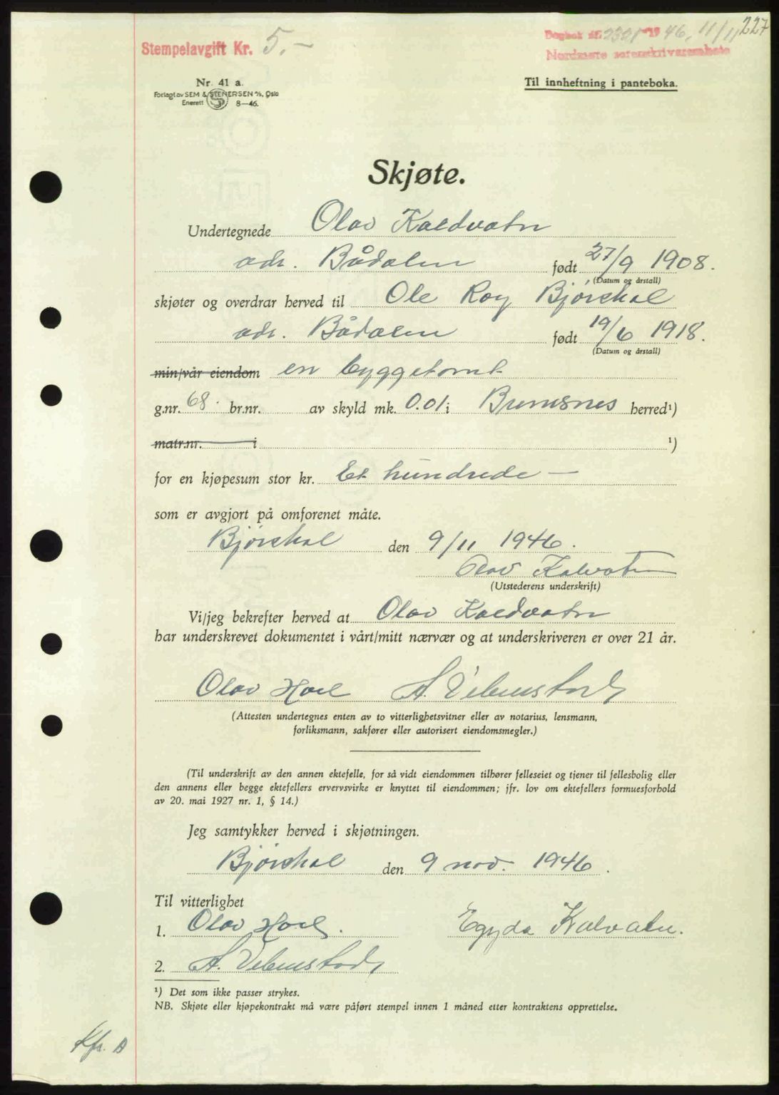 Nordmøre sorenskriveri, AV/SAT-A-4132/1/2/2Ca: Mortgage book no. A103, 1946-1947, Diary no: : 2321/1946