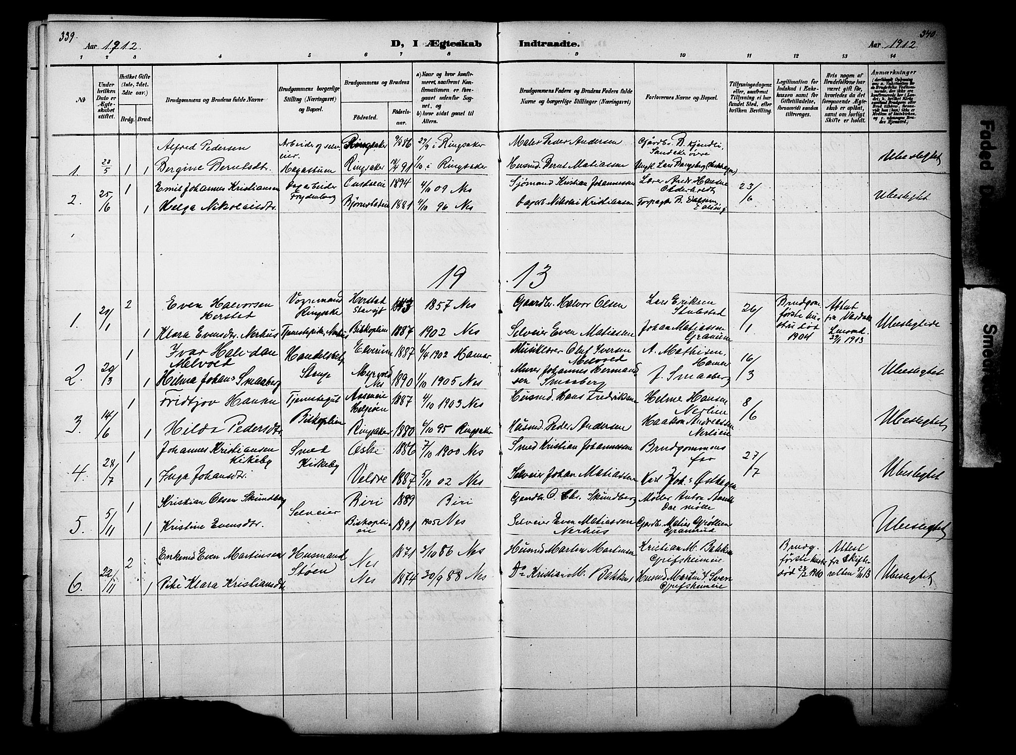 Nes prestekontor, Hedmark, SAH/PREST-020/L/La/L0006: Parish register (copy) no. 6, 1890-1932, p. 339-340