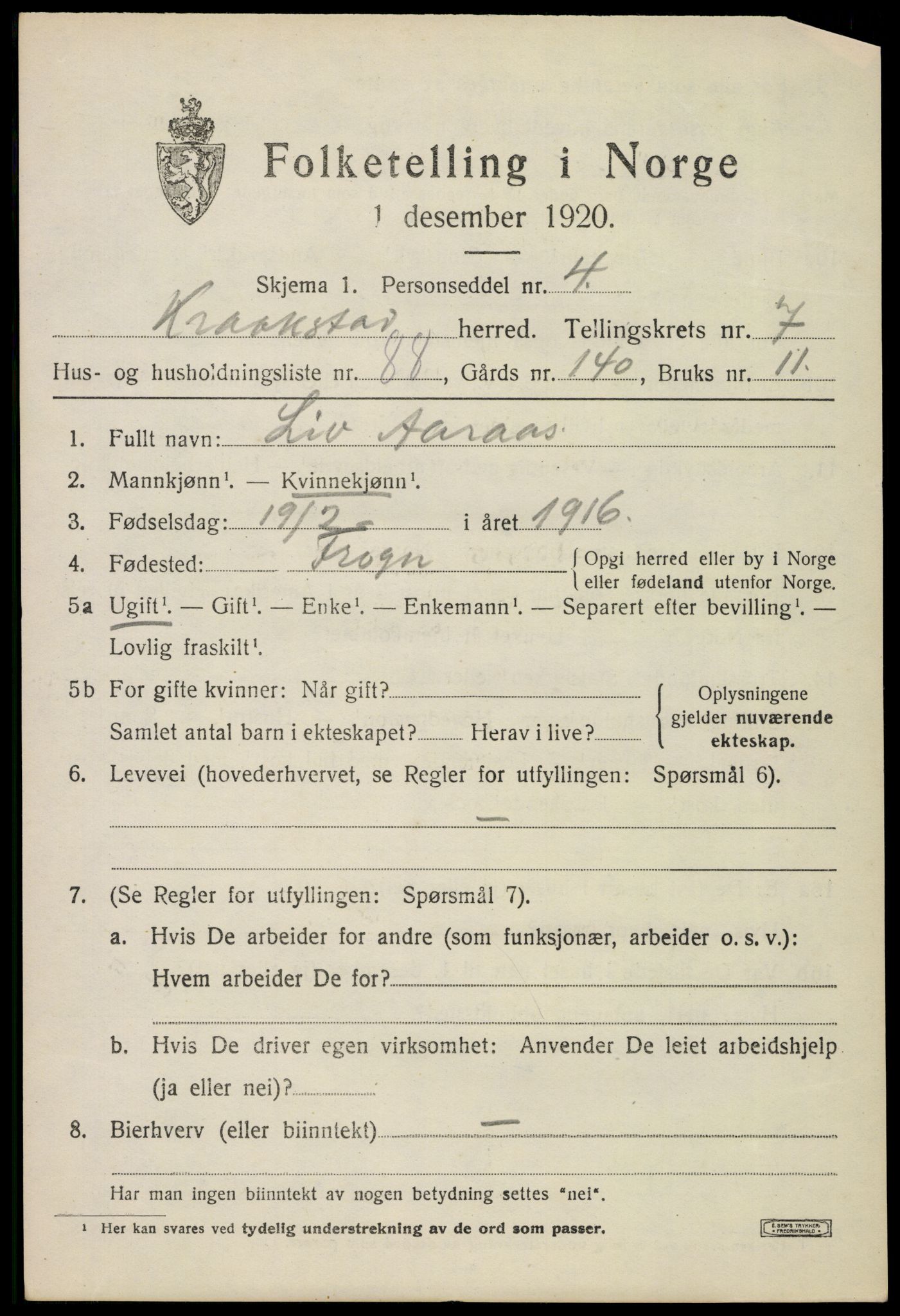 SAO, 1920 census for Kråkstad, 1920, p. 8289