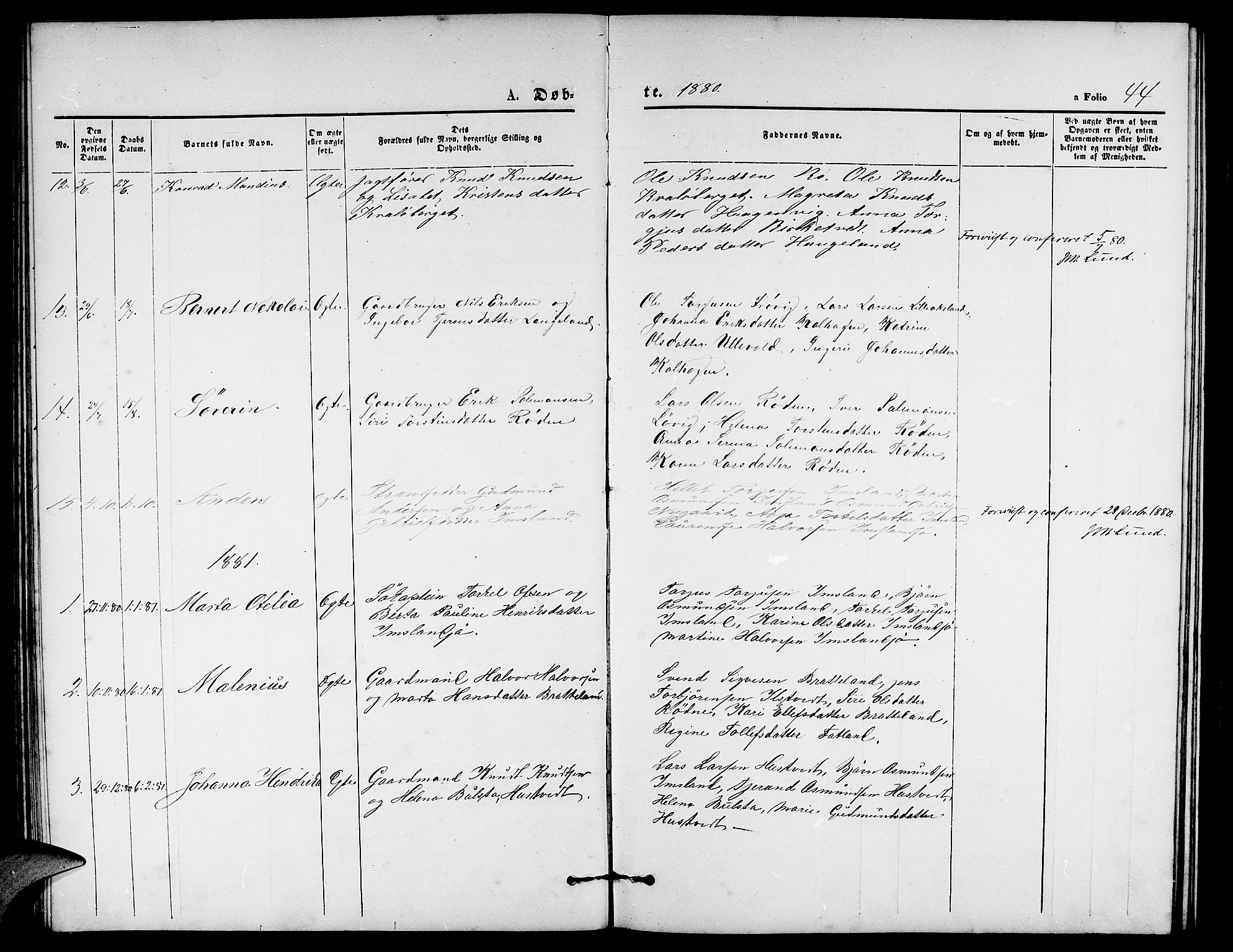 Vikedal sokneprestkontor, SAST/A-101840/01/V: Parish register (copy) no. B 4, 1868-1890, p. 44