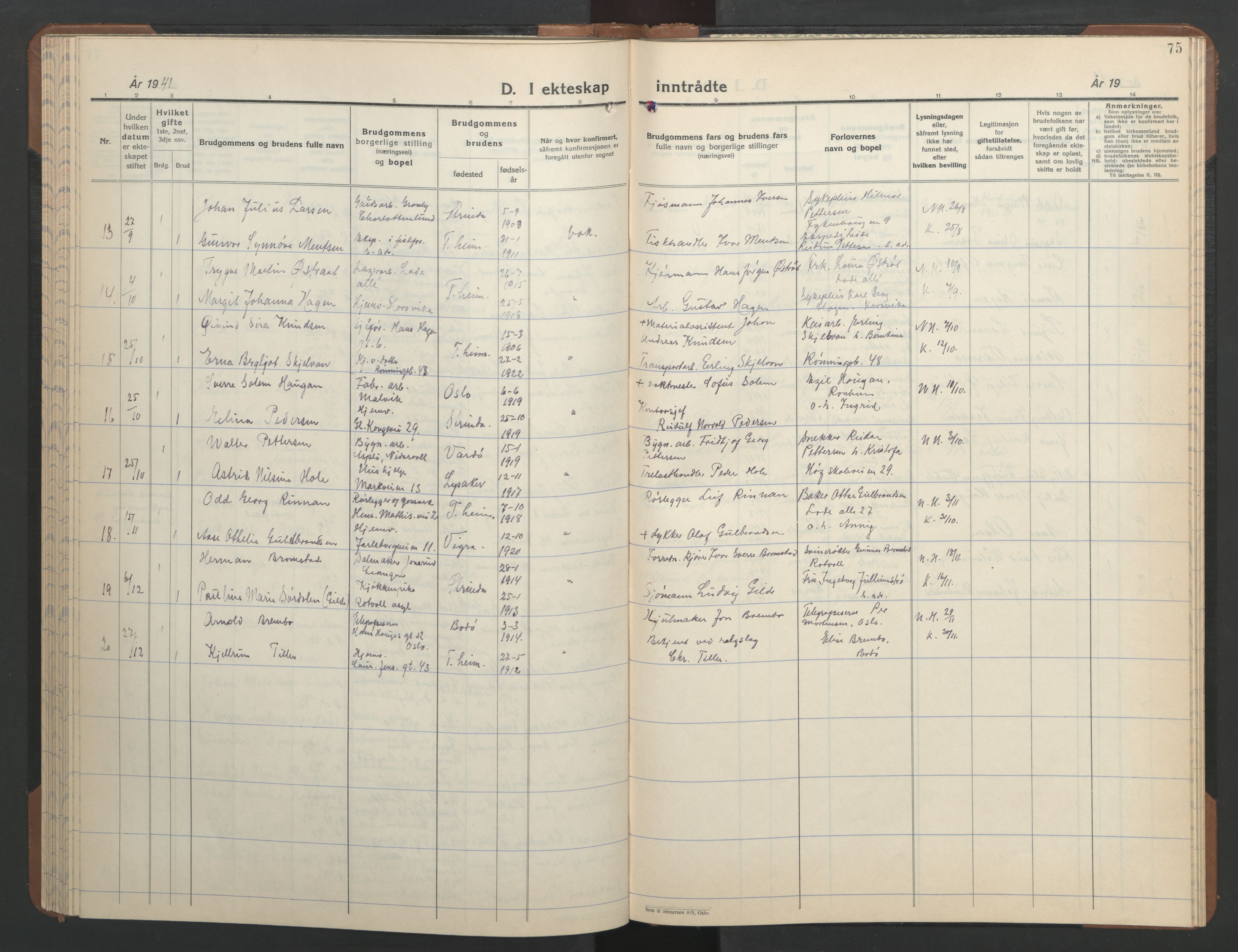 Ministerialprotokoller, klokkerbøker og fødselsregistre - Sør-Trøndelag, SAT/A-1456/606/L0315: Parish register (copy) no. 606C11, 1938-1947, p. 75