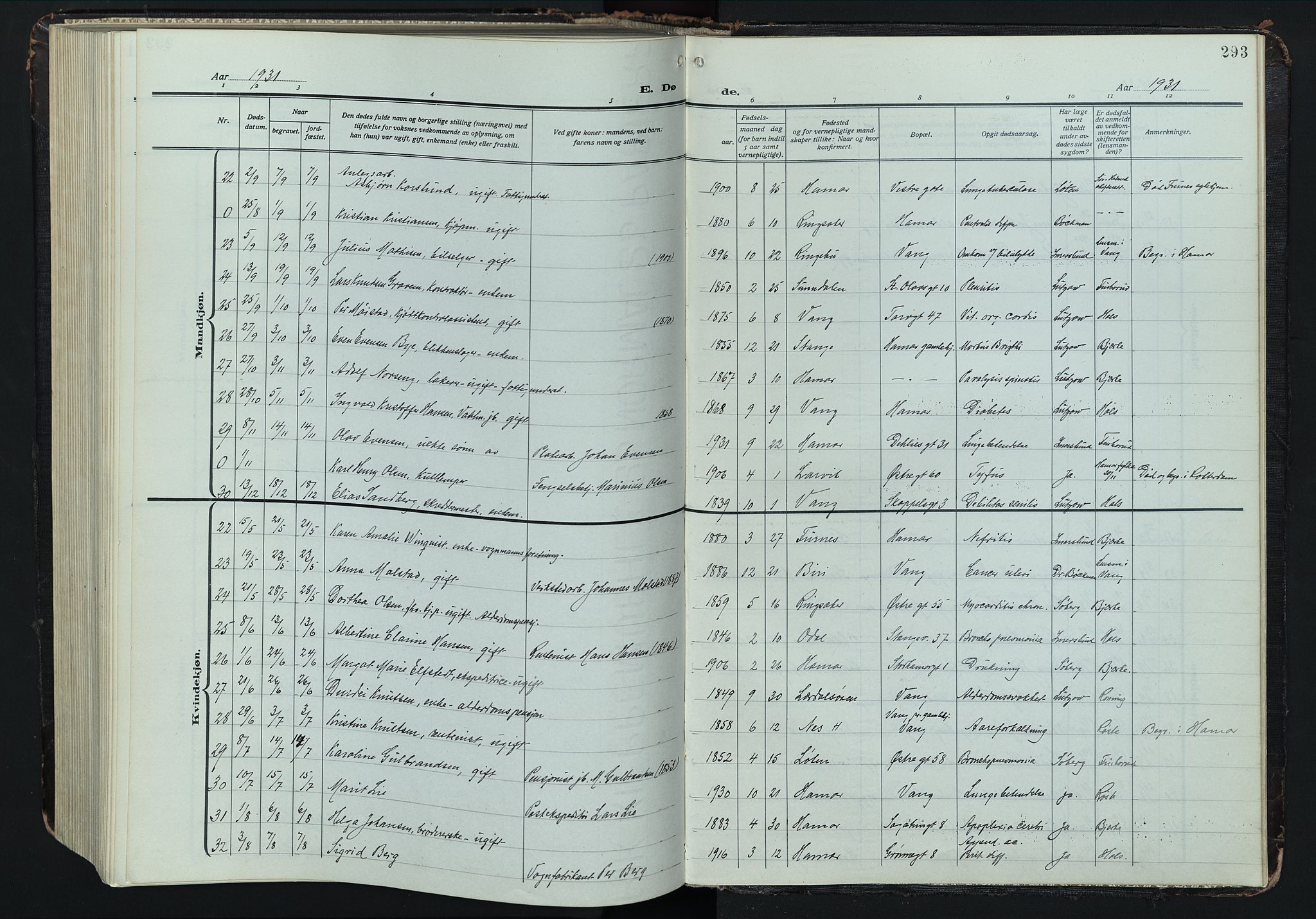 Hamar prestekontor, AV/SAH-DOMPH-002/H/Ha/Hab/L0004: Parish register (copy) no. 4, 1915-1942, p. 293