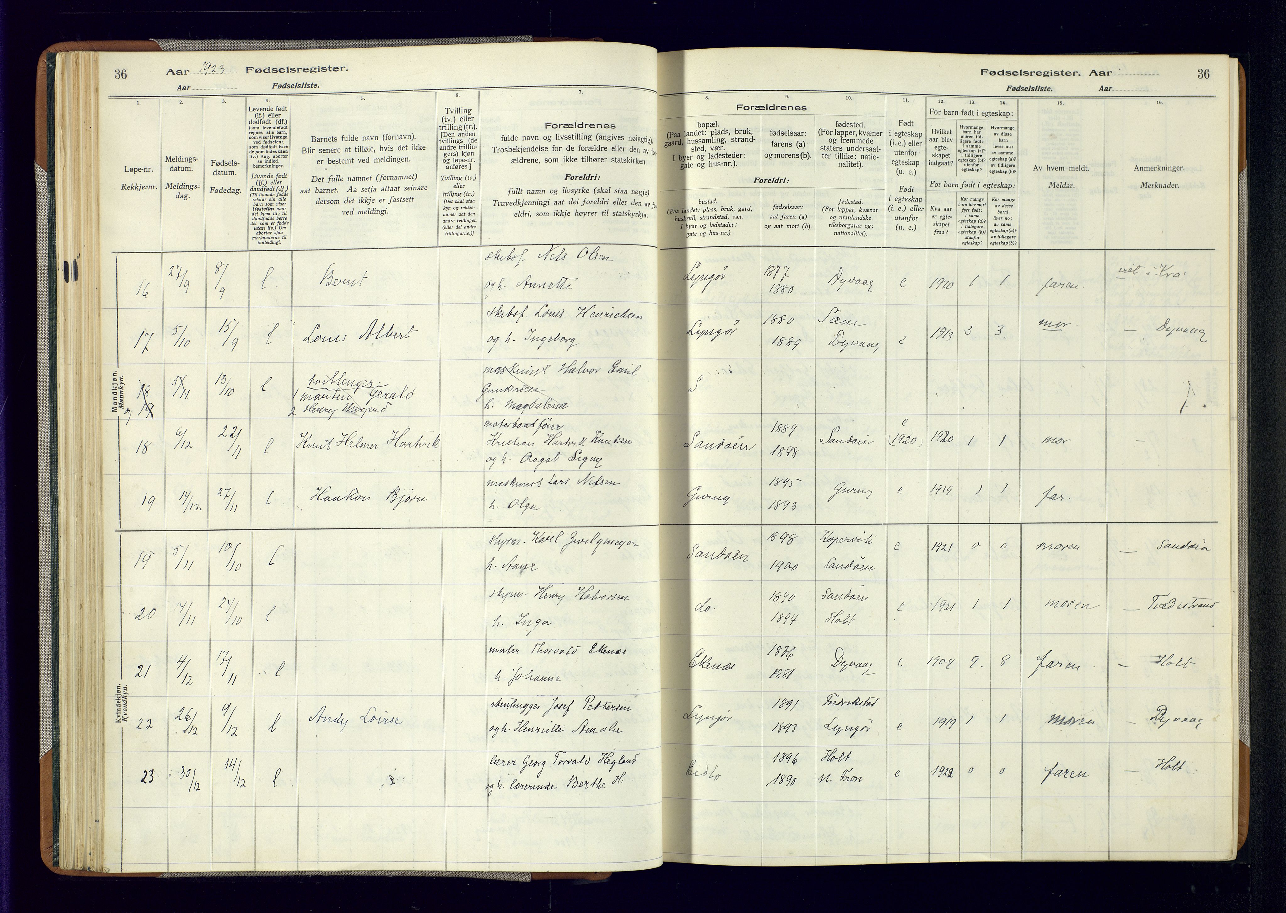 Dypvåg sokneprestkontor, AV/SAK-1111-0007/J/Ja/L0001: Birth register no. II.4.3, 1916-1975, p. 36