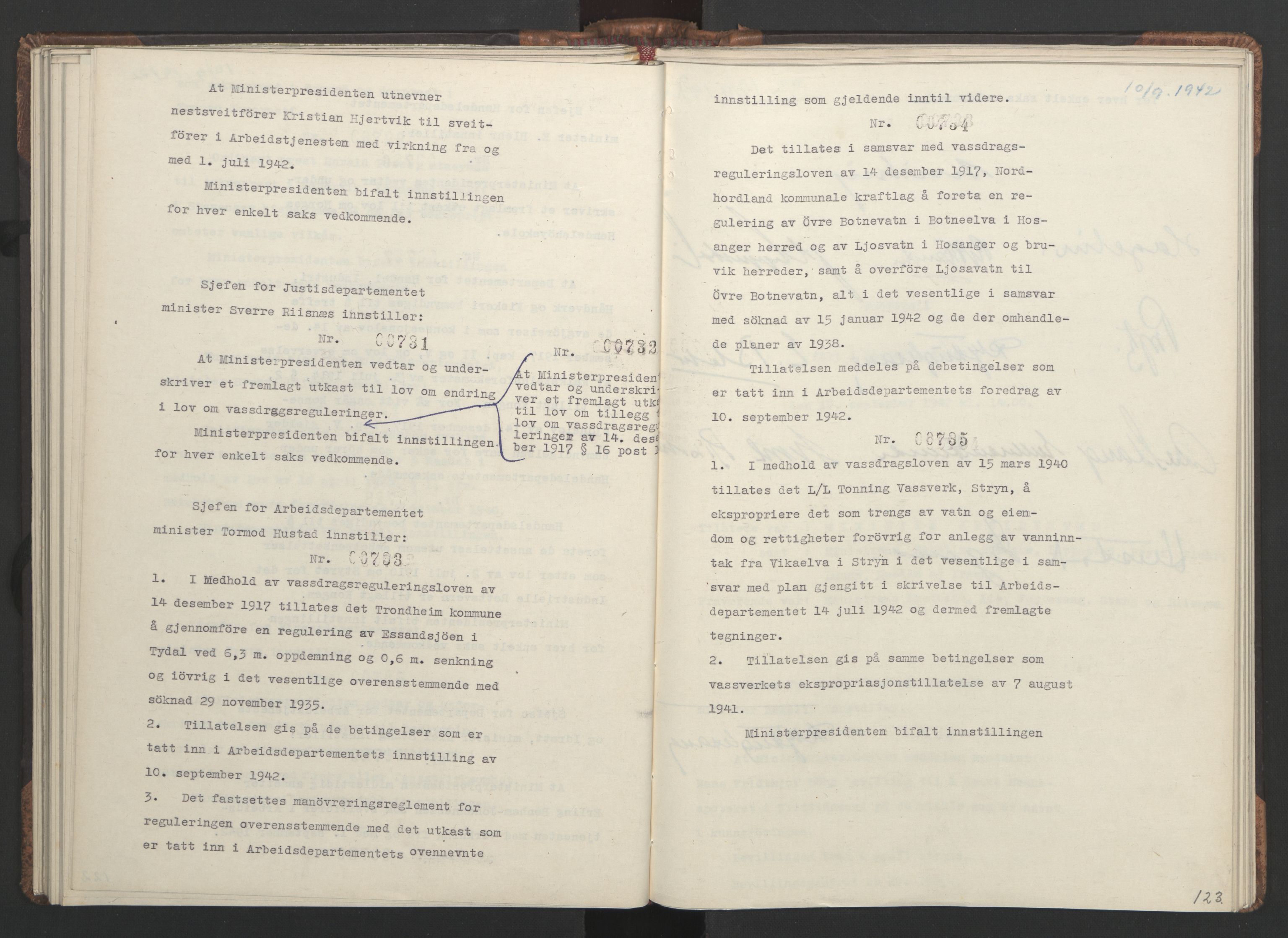 NS-administrasjonen 1940-1945 (Statsrådsekretariatet, de kommisariske statsråder mm), RA/S-4279/D/Da/L0001: Beslutninger og tillegg (1-952 og 1-32), 1942, p. 126