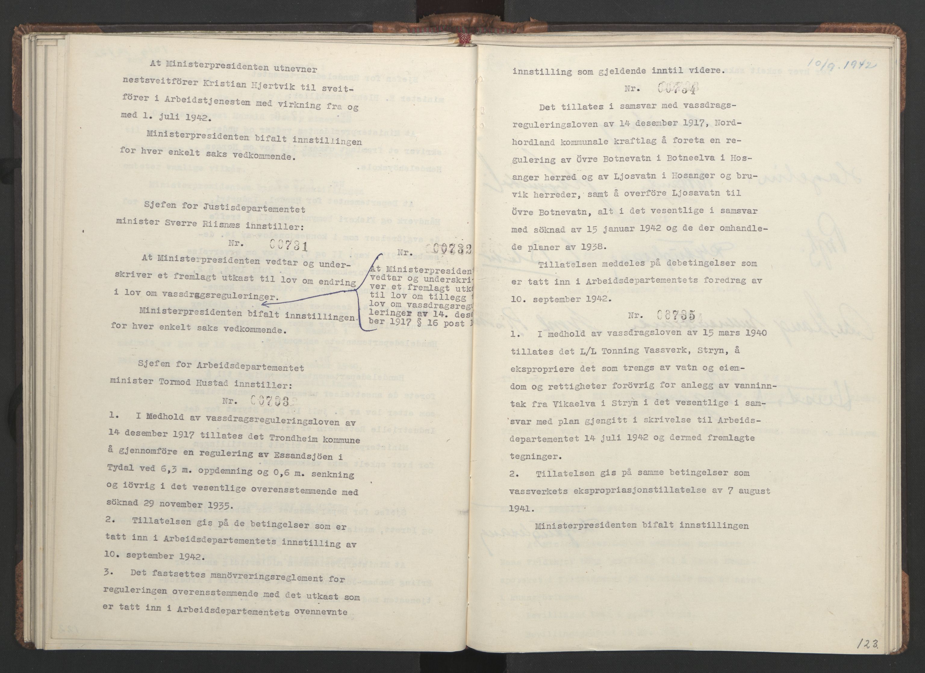 NS-administrasjonen 1940-1945 (Statsrådsekretariatet, de kommisariske statsråder mm), AV/RA-S-4279/D/Da/L0001: Beslutninger og tillegg (1-952 og 1-32), 1942, p. 126