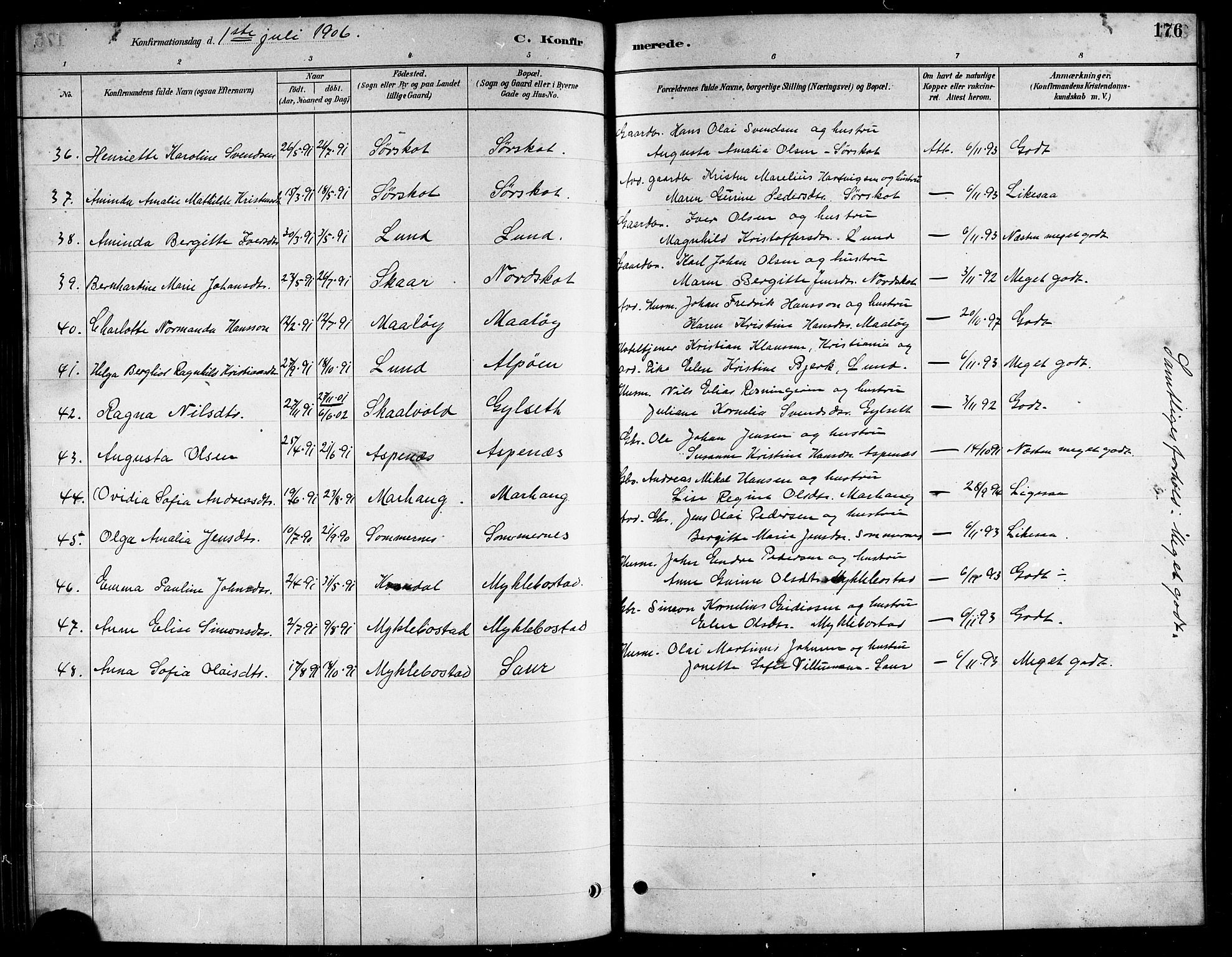 Ministerialprotokoller, klokkerbøker og fødselsregistre - Nordland, SAT/A-1459/857/L0828: Parish register (copy) no. 857C03, 1879-1908, p. 176