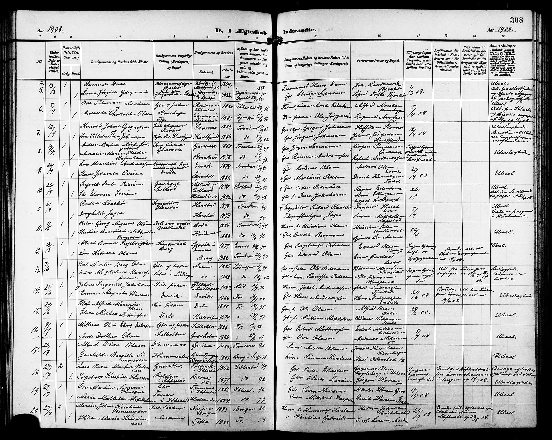 Trondenes sokneprestkontor, AV/SATØ-S-1319/H/Hb/L0012klokker: Parish register (copy) no. 12, 1907-1916, p. 308