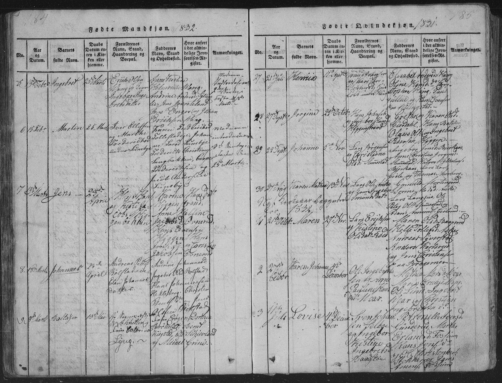 Røyken kirkebøker, AV/SAKO-A-241/G/Ga/L0003: Parish register (copy) no. 3, 1814-1856, p. 184-185