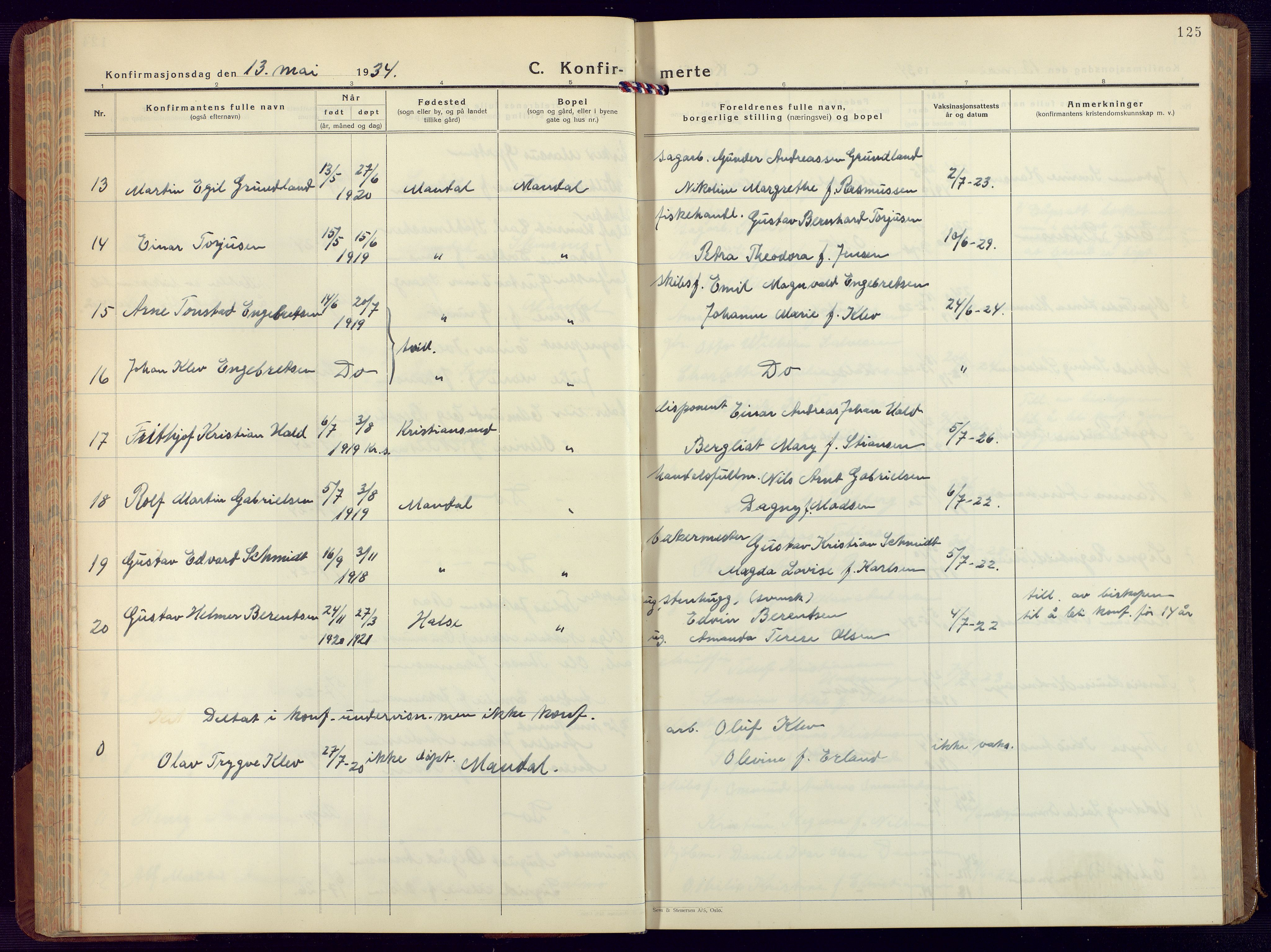 Mandal sokneprestkontor, AV/SAK-1111-0030/F/Fb/Fbc/L0002: Parish register (copy) no. B 2, 1931-1949, p. 125