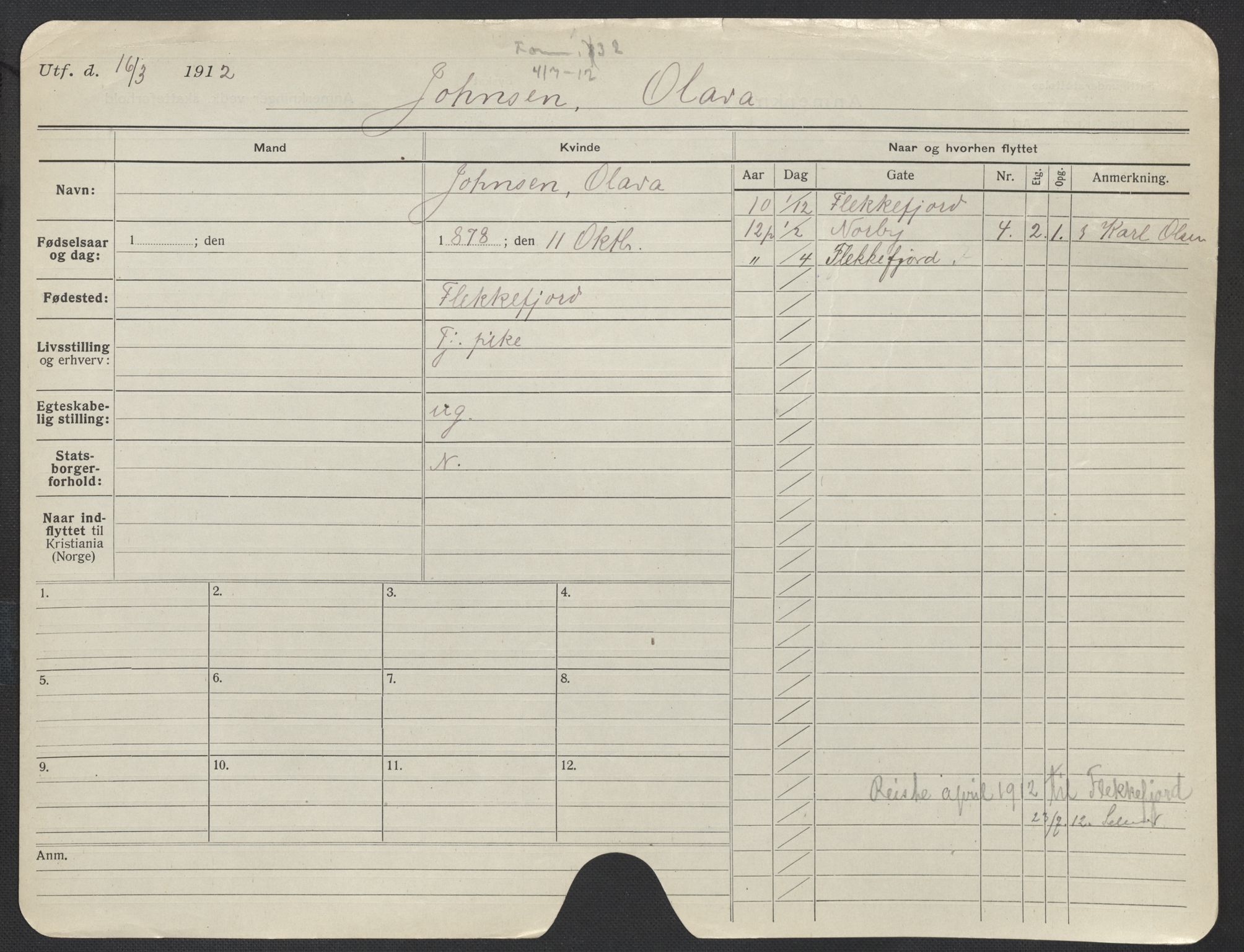 Oslo folkeregister, Registerkort, AV/SAO-A-11715/F/Fa/Fac/L0018: Kvinner, 1906-1914, p. 575a