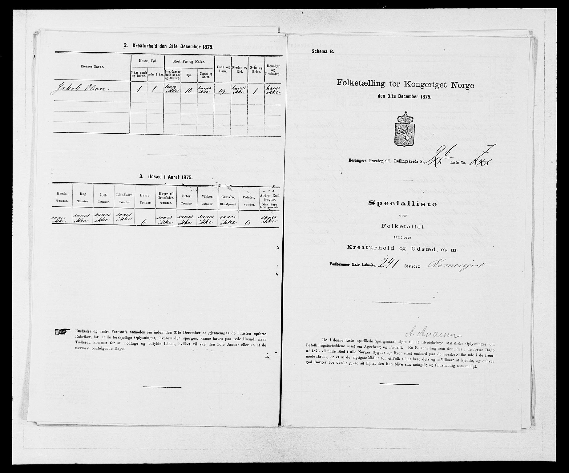 SAB, 1875 census for 1253P Hosanger, 1875, p. 693