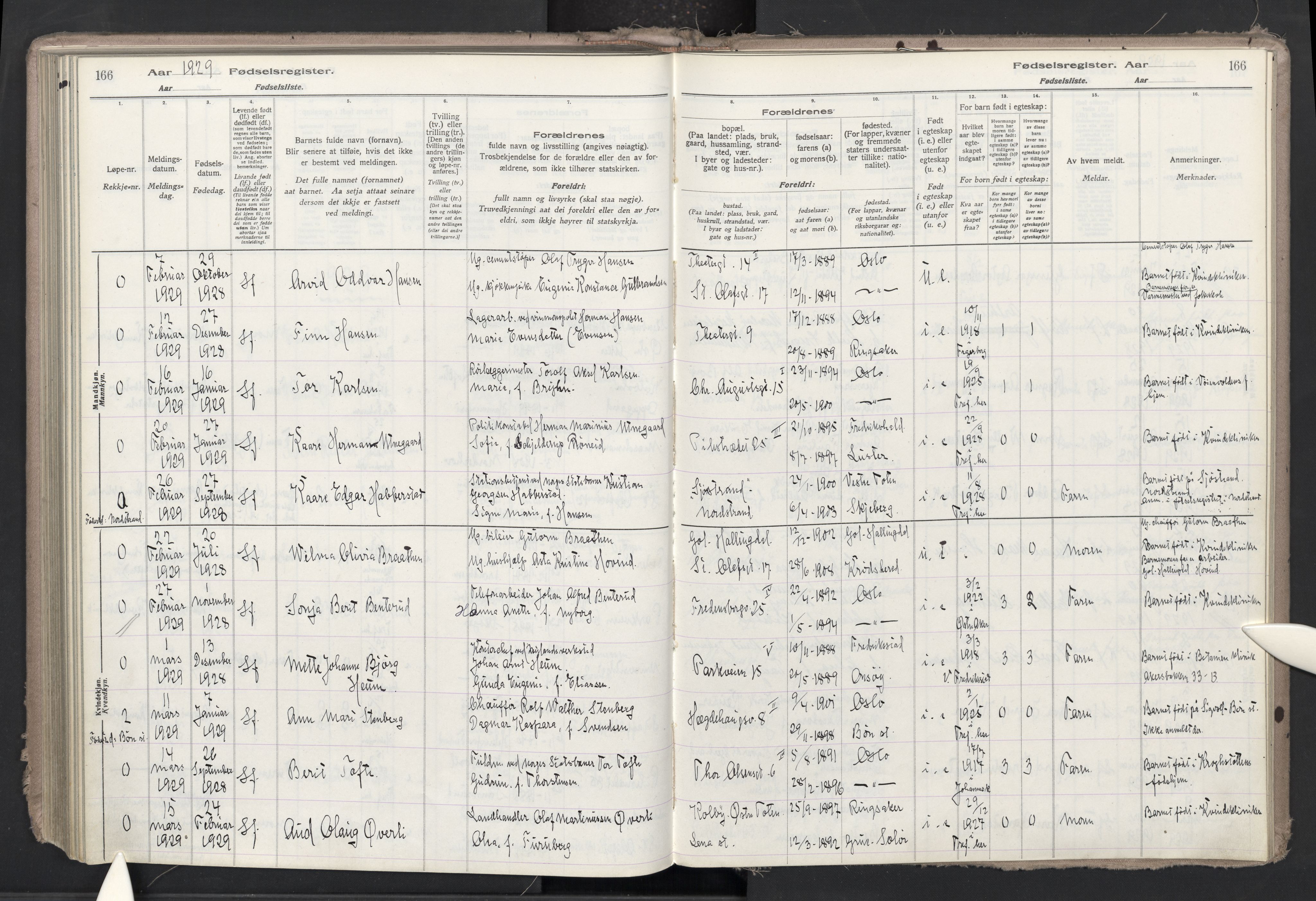 Trefoldighet prestekontor Kirkebøker, SAO/A-10882/J/Ja/L0001: Birth register no. 1, 1916-1931, p. 166
