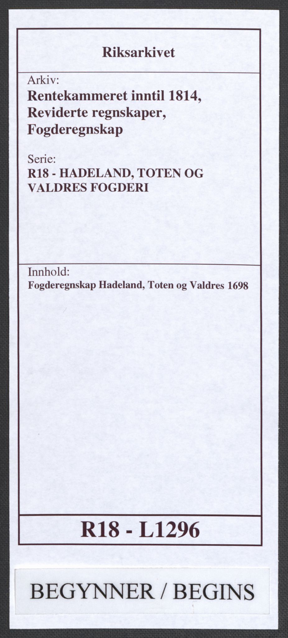 Rentekammeret inntil 1814, Reviderte regnskaper, Fogderegnskap, AV/RA-EA-4092/R18/L1296: Fogderegnskap Hadeland, Toten og Valdres, 1698, p. 1